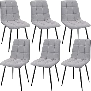 Pack de 6 Sillas de Comedor, Sillas Tapizadas con Tela de Lino y Patas de Metal Negro, Diseño a Cuadros, Sillas de Comedor para Comedor Sala de Estar Dormitorio Cocina Salón Recepción, Gris