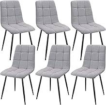 JIJIAN Lot de 6 Chaises de Salle à Manger, Chaises Tapissées en Tissu de Lin et Pieds en Métal Noir, Design en Damier, pour Salle de Séjour Chambre à Coucher Cuisine Salon Réception, Gris