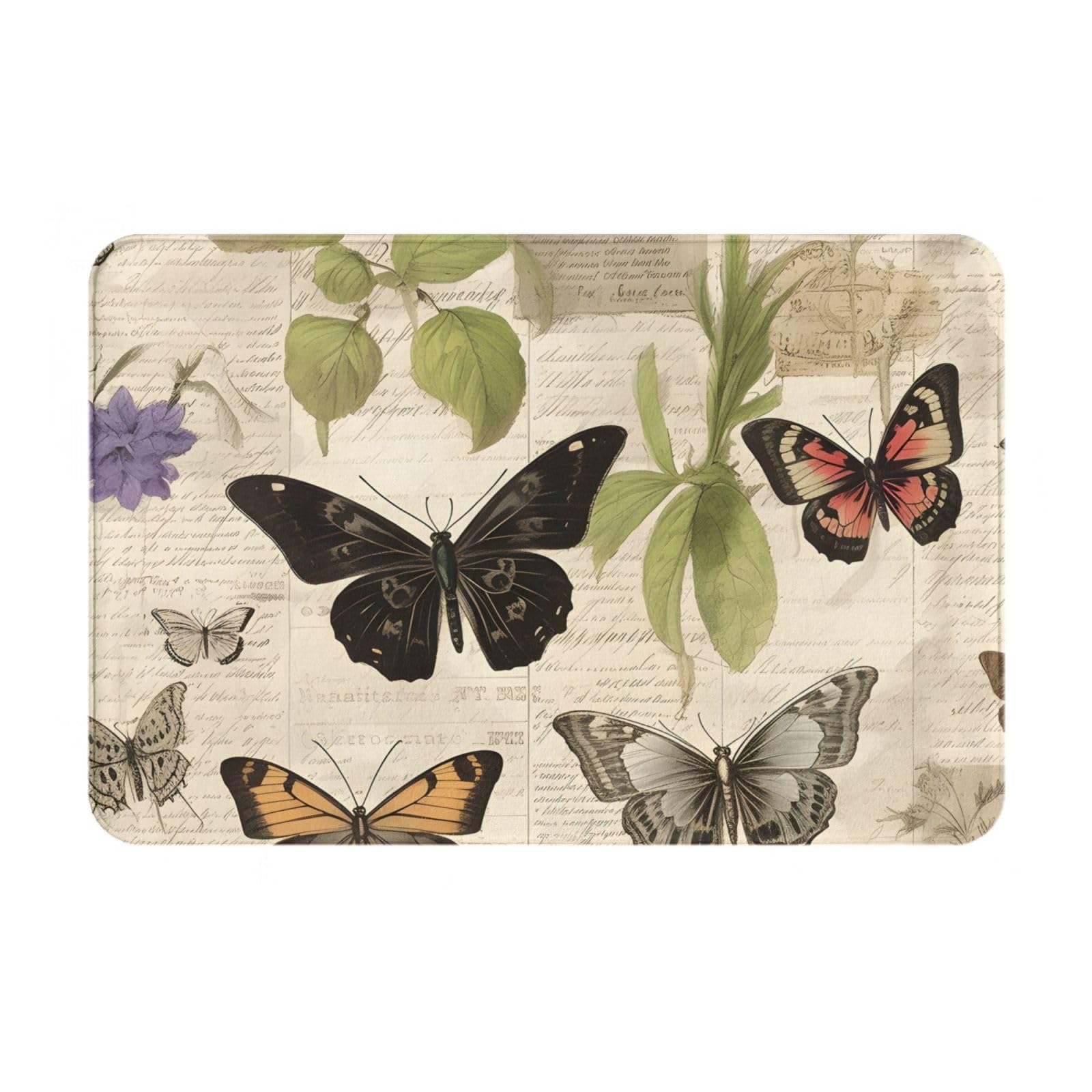Non-Slip Bath Mat Rug For Bathroom Floor Colorful Butterfly In Old Newspaper Vintage Style,16 x 24Inches, Super Water Absorption, Cozy Design, Machine Washable