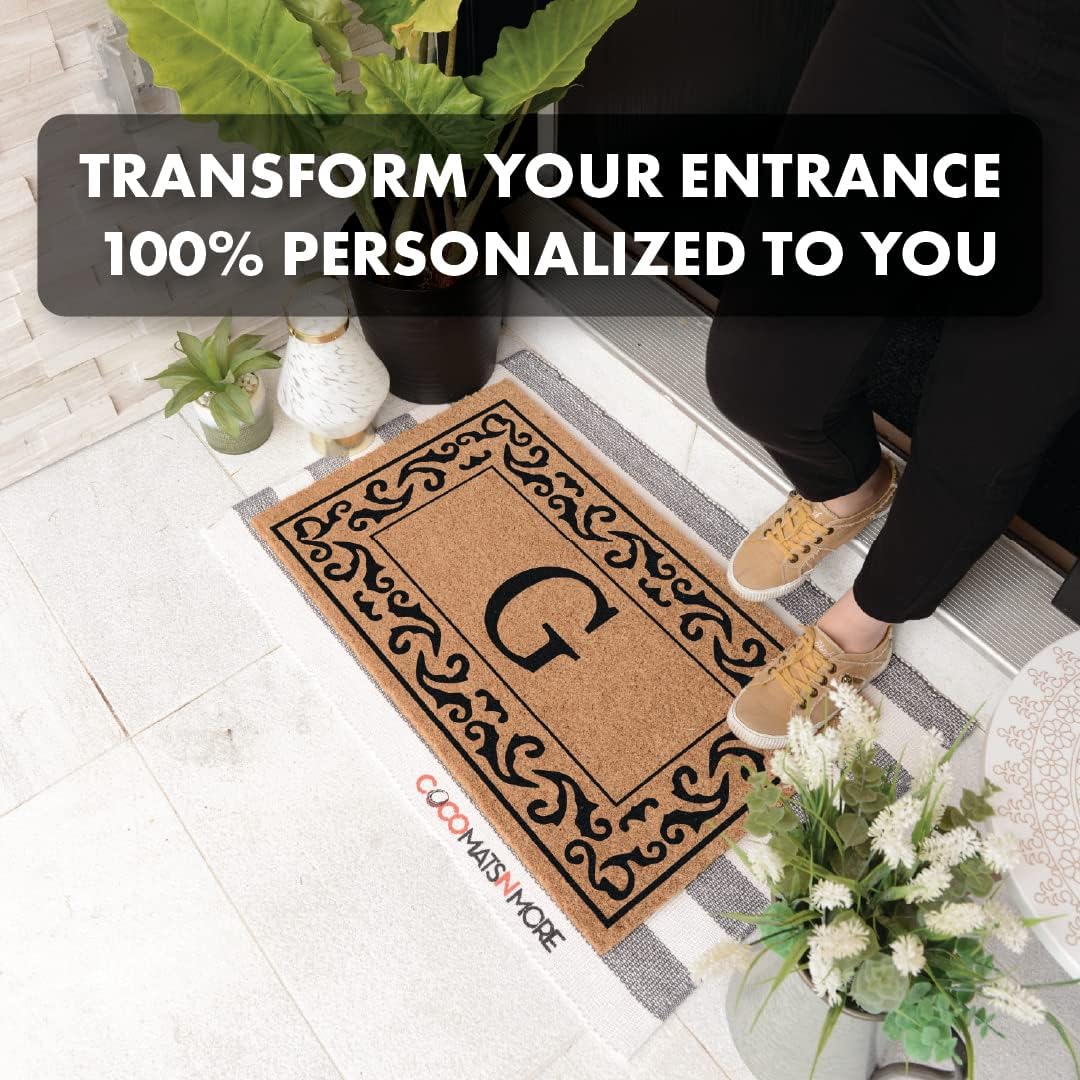 COCO MATS 'N MORE Blue Rolling Scrolls Bordered Monogrammed Coco Doormat 22" x 36" with Vinyl Backing | Unique Monogram Outside Door Mat | Keeps Clean Home, Scrapes Dirtiest Shoes