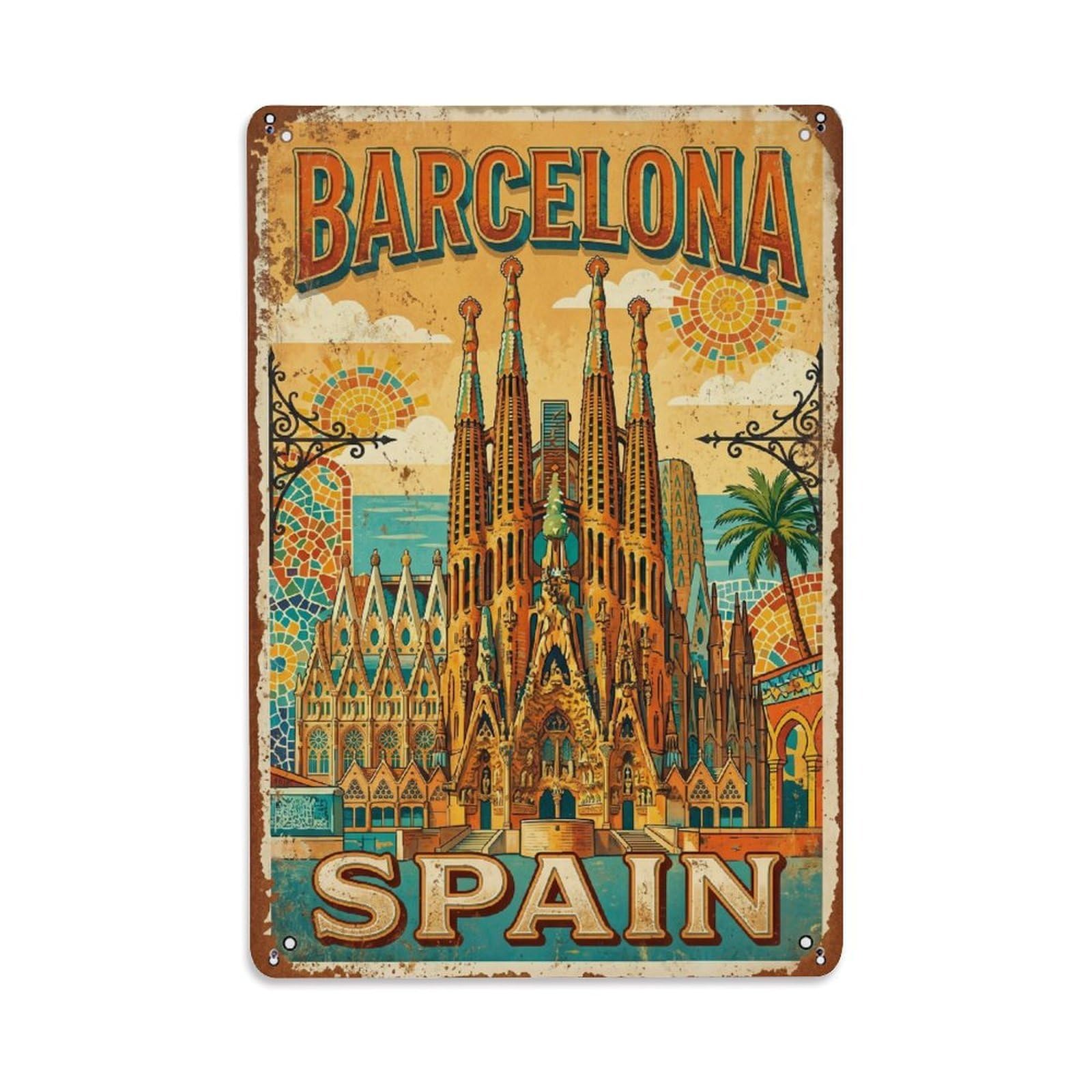 Cmhok Vintage Style Vintage Travel Sagrada Barcelona 1 Metal Tin Sign Wall Decor For Cafe, Club, Garden Metal Poster 8X12inch