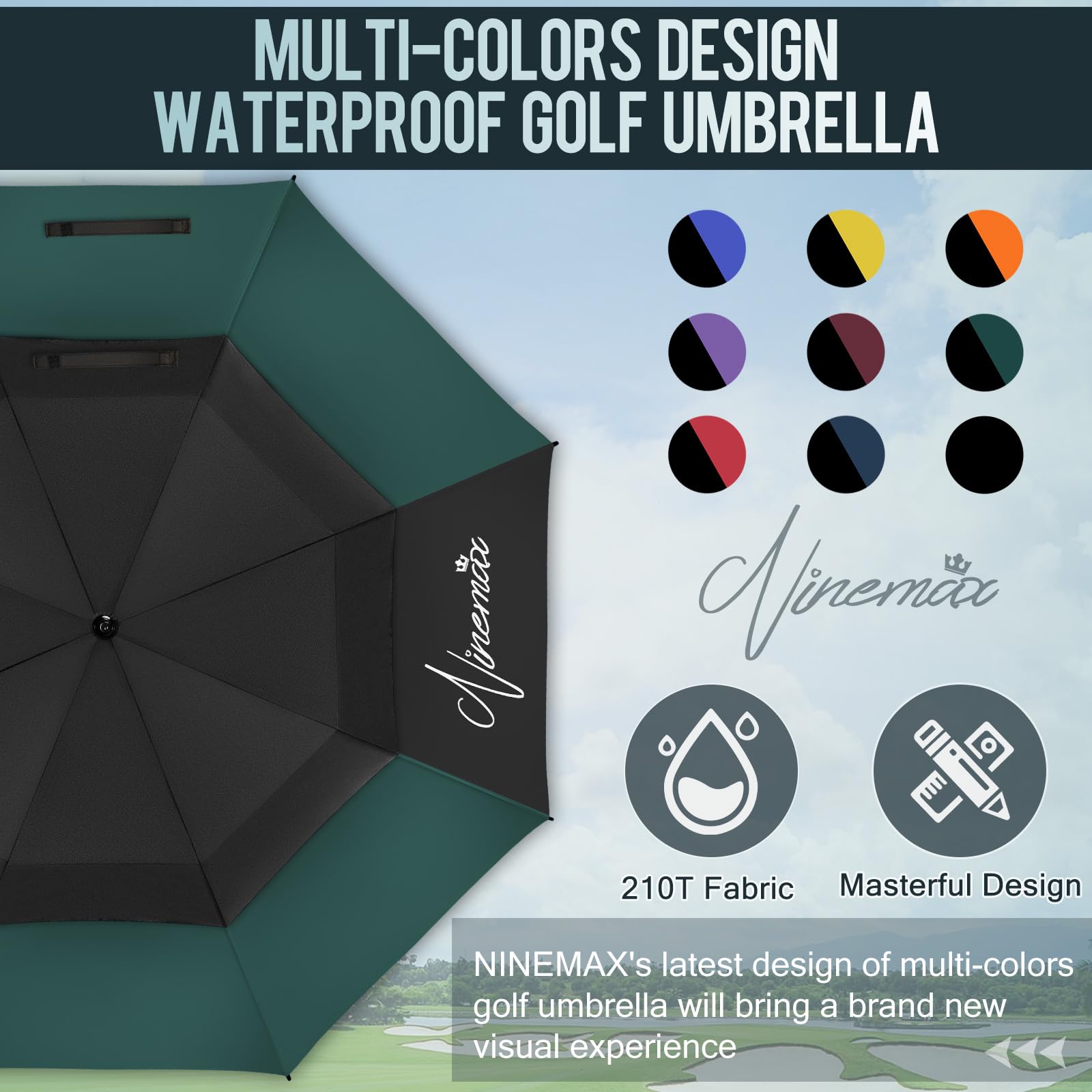 NINEMAX Wiatroodporny Parasol Golfowy 68 inch,Parasol Golfowy Długi Wiatroszczelny,Wodoszczelny,Podwójny Baldachim dla Mężczyzn i Kobiet(Czarny i Ciemnozielony)