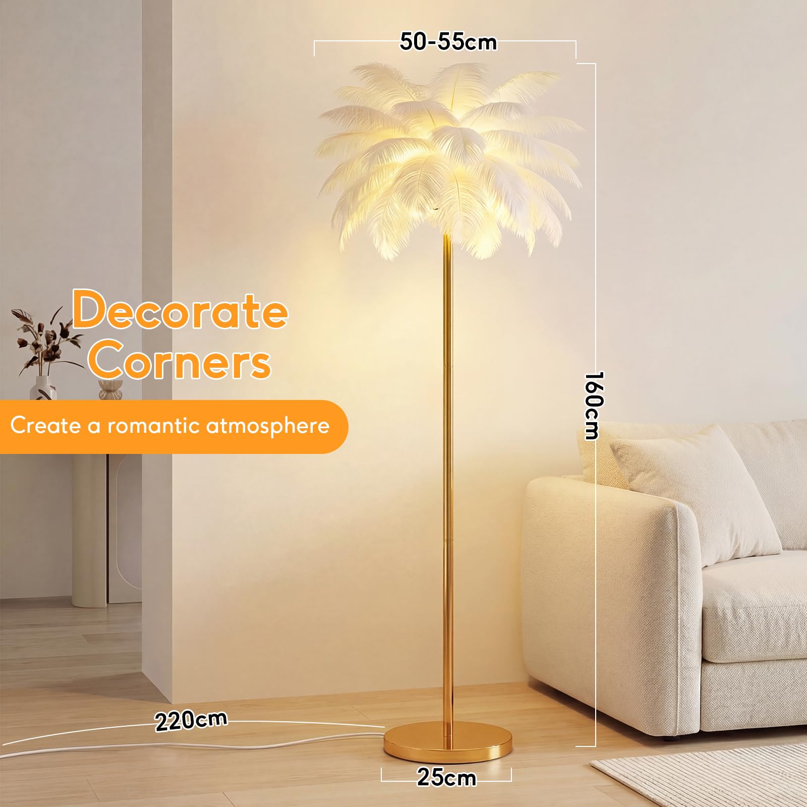 Federlampe Stehlampe, Straußenfeder-Stehlampe 160cm Große, 3 Farbtemperaturen, G4 Led Lampen Wohnzimmer, für Wohnzimmer Kinderzimmer Schlafzimmer, Lesen, Büro