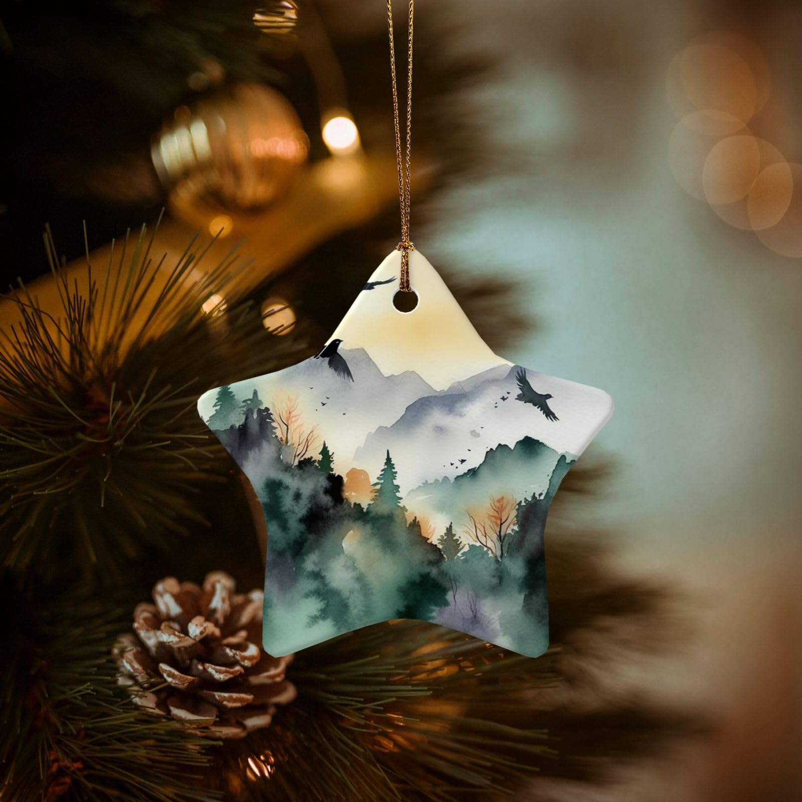 Christmas Tree Ornaments Ceramics Christmas Decorations Mountain Birds Watercolor Ornaments with Gold Ribbon Porcelain Xmas Tree Crafts Star Shape Hanging Pendant for Christmas Tree Party Decor