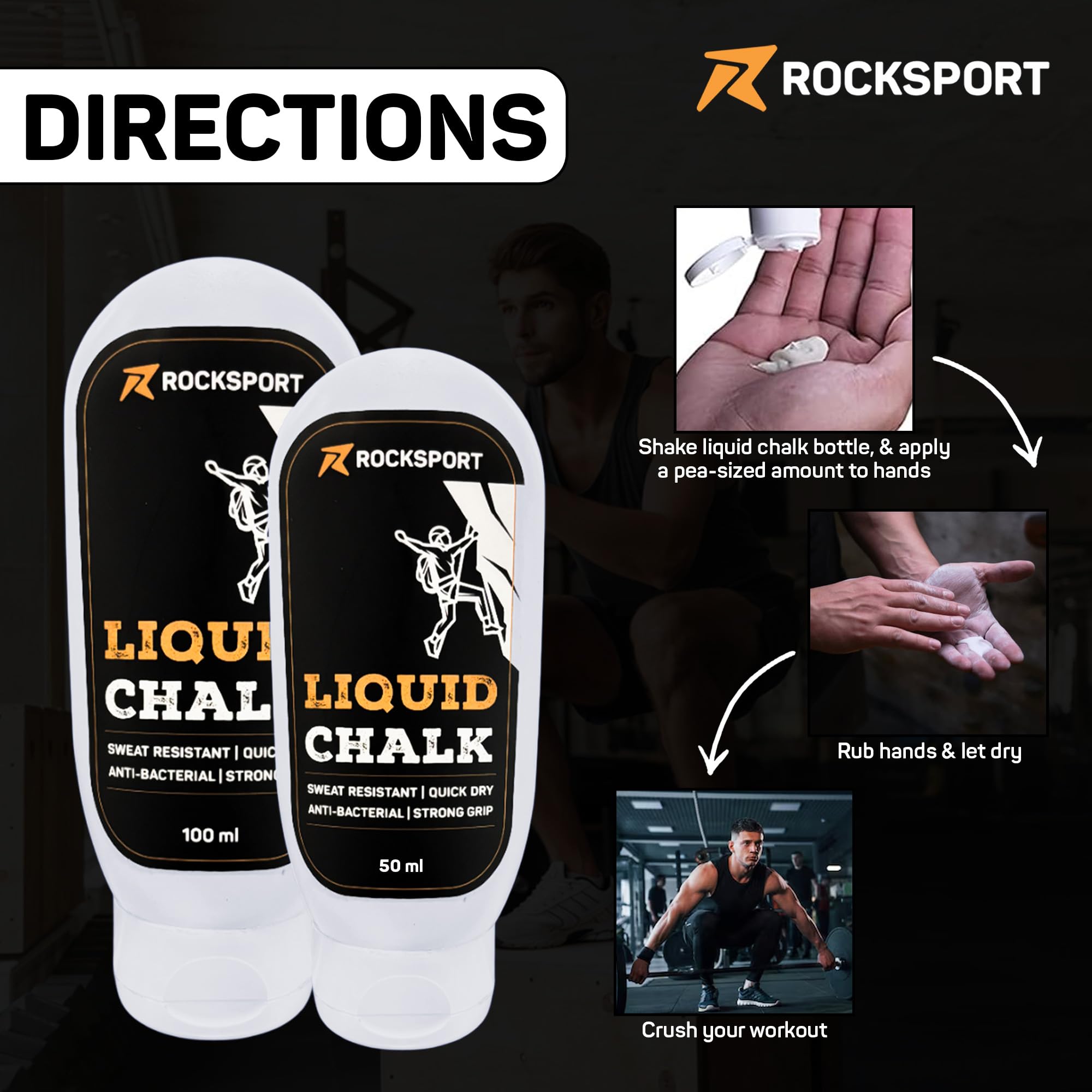Rocksport Liquid Chalk for Gym, Weightlifting & Climbing – Quick Drying Lifting Chalk | Gym Powder for Grip | Non-Messy Chalk for Gym, Fitness, Crossfit & Calisthenics | 50 ml, Pack of 2 4