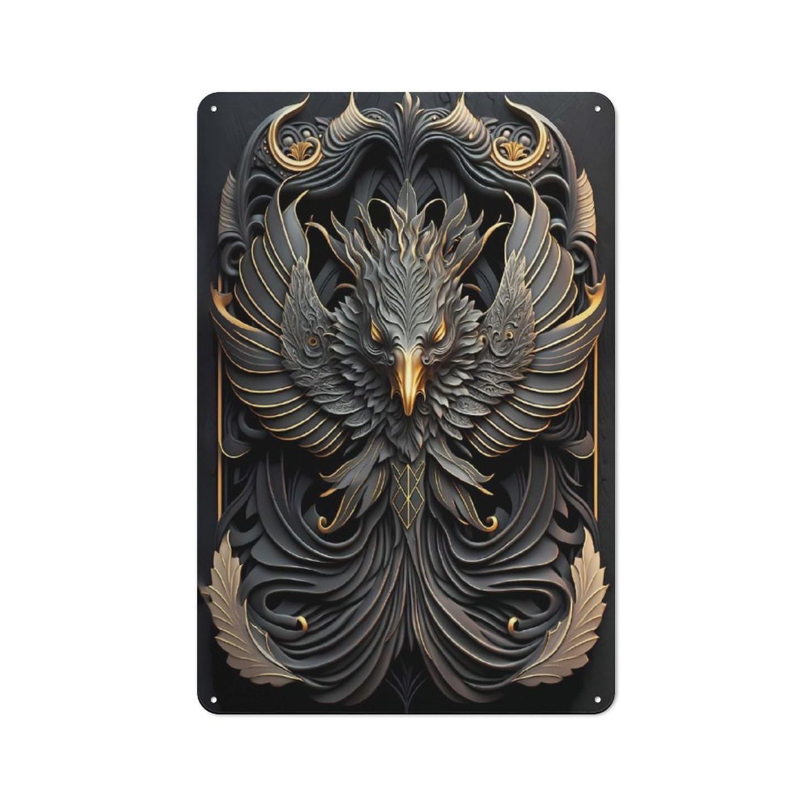 Junmoney Style-17 Retro Metal Wall Sign 30X20cm Featuring Phoenix Golden Art Deco For Garage Wall, For Garage, Workshop And Man Cave Decoration