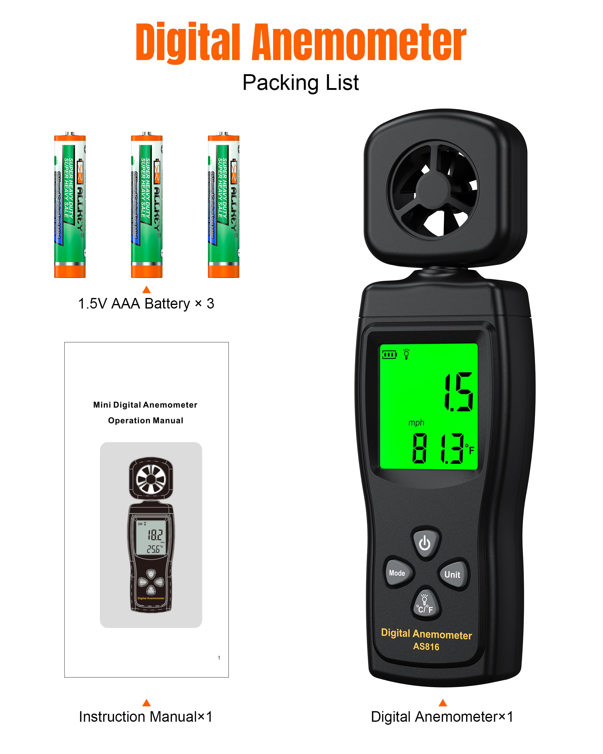NOPWOK Anémomètre numérique portable 3 en 1 - Mesure de la vitesse du vent de haute précision - Avec rétroéclairage - Pour HAVC, voile, pêche