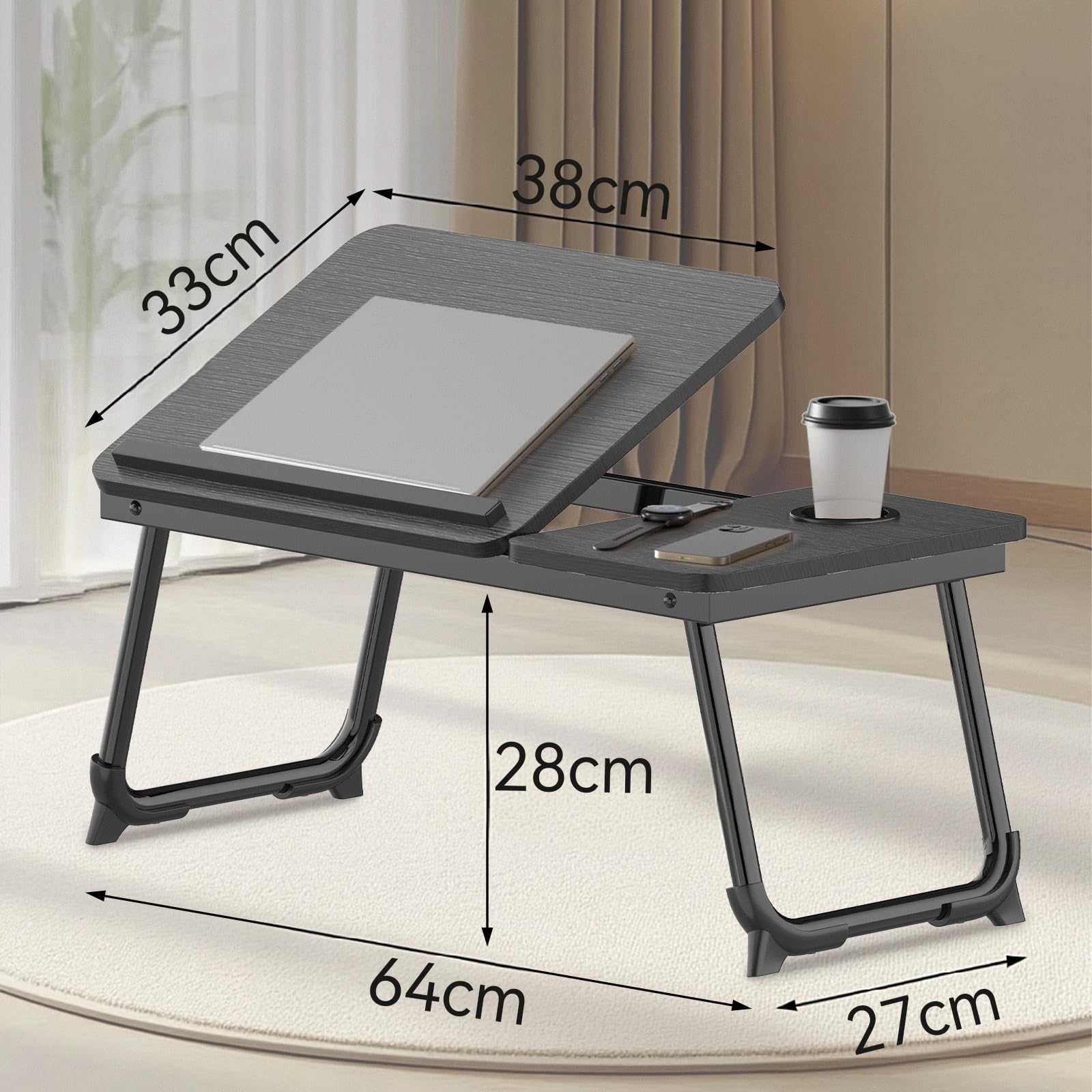 Arvioo Betttisch Laptoptisch Höhenverstellbar 57 x 33 x 28 cm Betttablett mit Anti-Rutsch-Streifen und Cup Slot Laptop Tisch für Sofa Arbeiten Bett Studieren Lesen Schreiben (Schwarz Gebürstet)