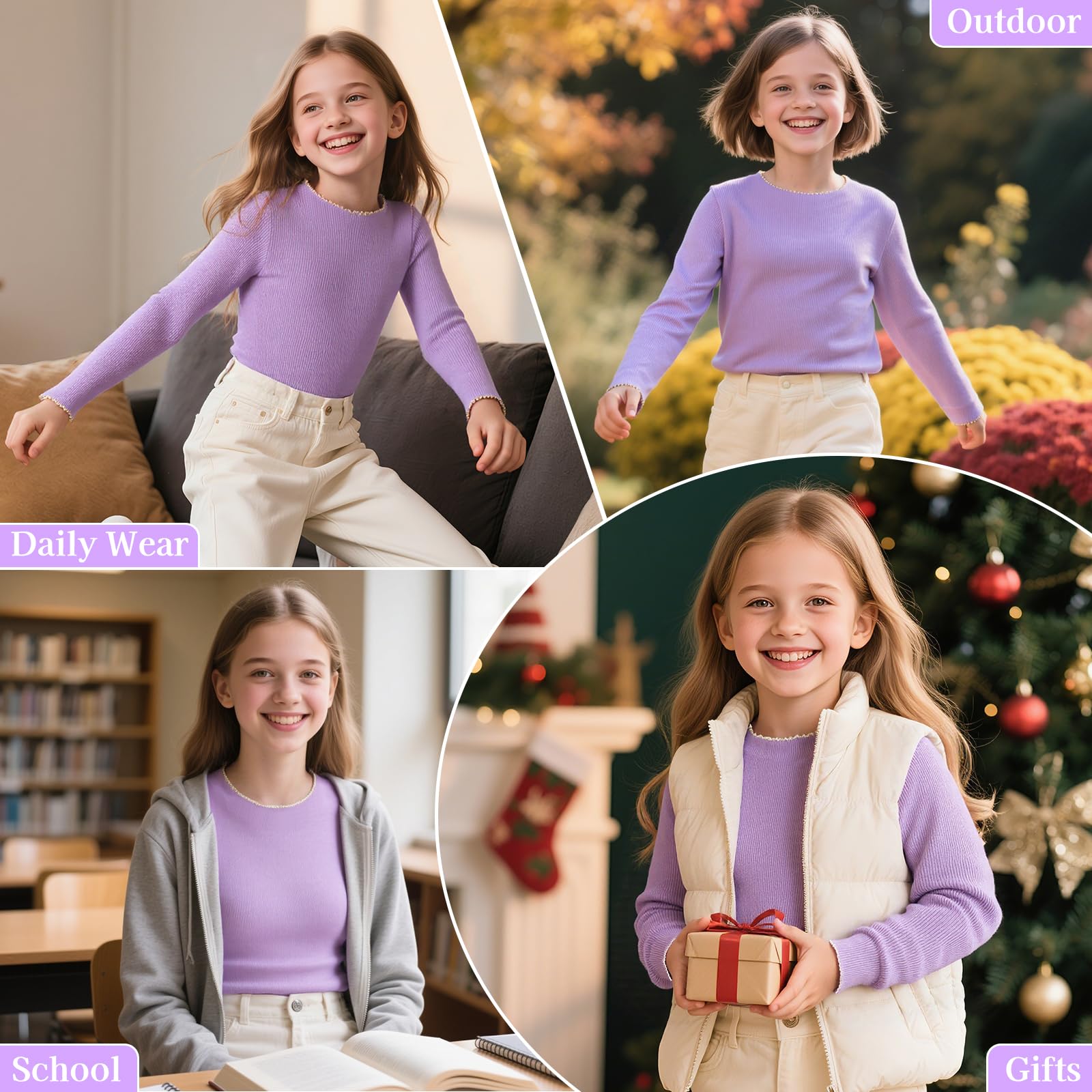 Maglia Termica Bambina Ragazza Manica Lunga Tinta Unita Base Termico Maglietta Mezzo Collo Alto Slim Fit Top Magliette Moda Abbigliamento Autunno Inverno Casual Pullover per età 7-13 Anni