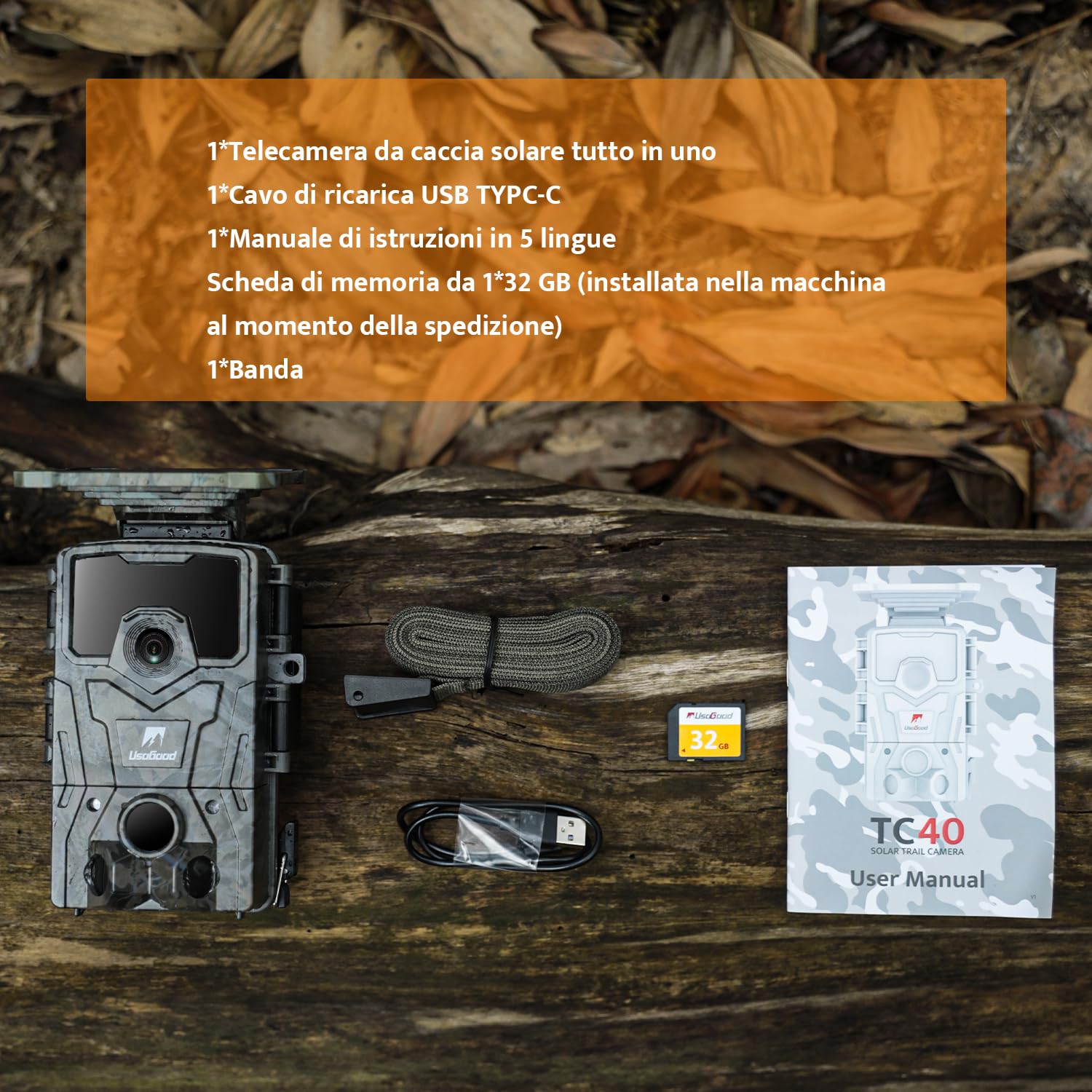 usogood Fototrappola Solare 4K 48 MP, Batteria al Litio da 2600 mAh Integrata, Fototrappola Notturna con Visione Notturna Attivata dal Movimento, Includere Scheda di Memoria da 32 GB IP66 Impermeabile