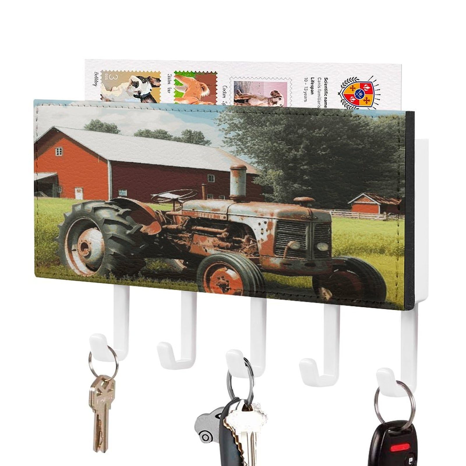 Fekiloot White-Style Company Farm Tractor Key Holder Wall Mount Key And Mail Holder Key Hanger With 5 Hooks Decorative Pu Key Rack Hanging Key Hooks For Wall Living Room Kitchen Bathroom Hallway