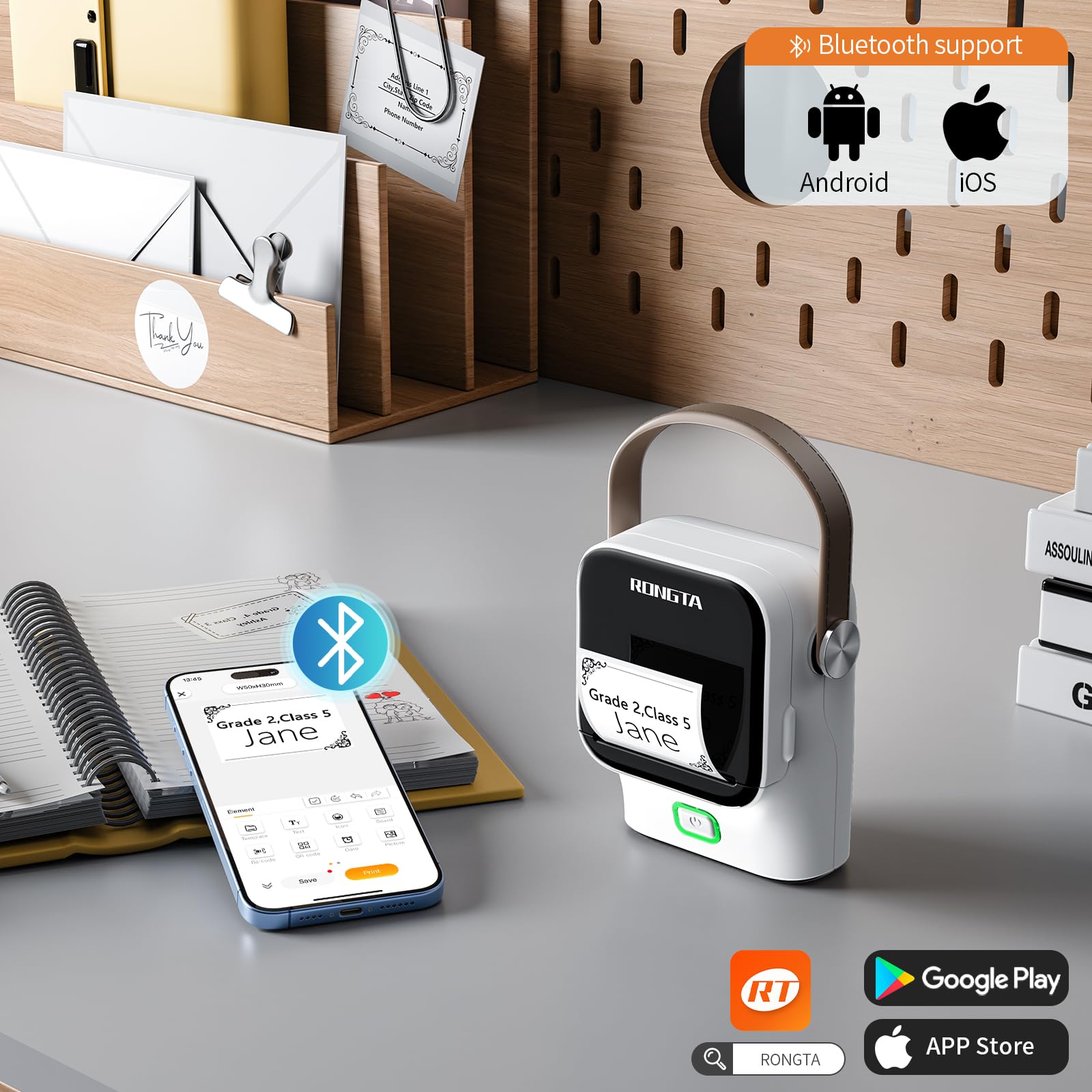 Rongta Etichettatrice da 2 pollici,Etichettatrice wireless Bluetooth portatile con nastro,Creatore di adesivi palmare per etichette con codici a barre, forniture scolastiche domestiche, ricaricabile