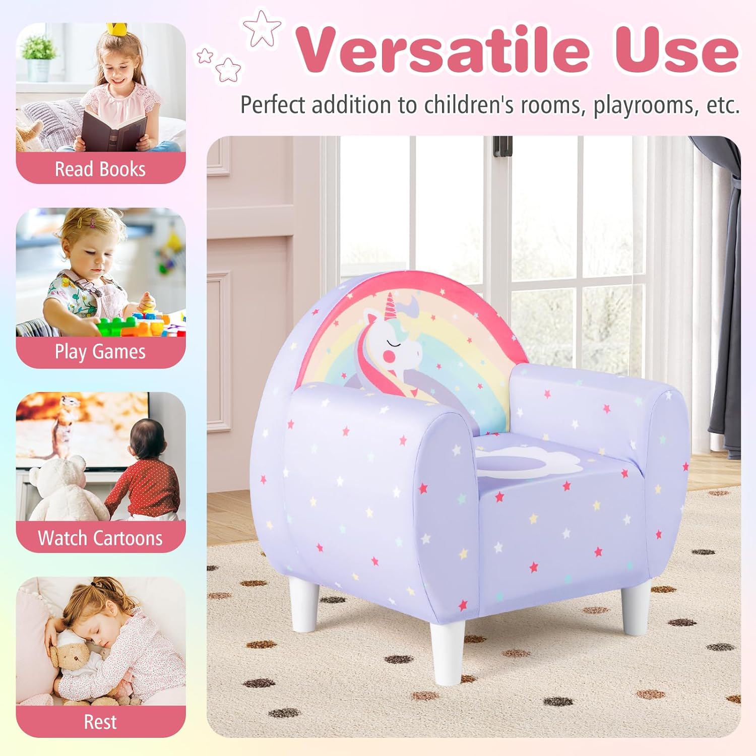 Costzon Kids Sofa, Children's Cartoon Sofa Armrest Chair, Toddler Furniture w/Sturdy Wood Construction, Colorful Lightweight Kids Couch Reading Sofa Chair for Preschool Boys and Girls Gift (Purple)