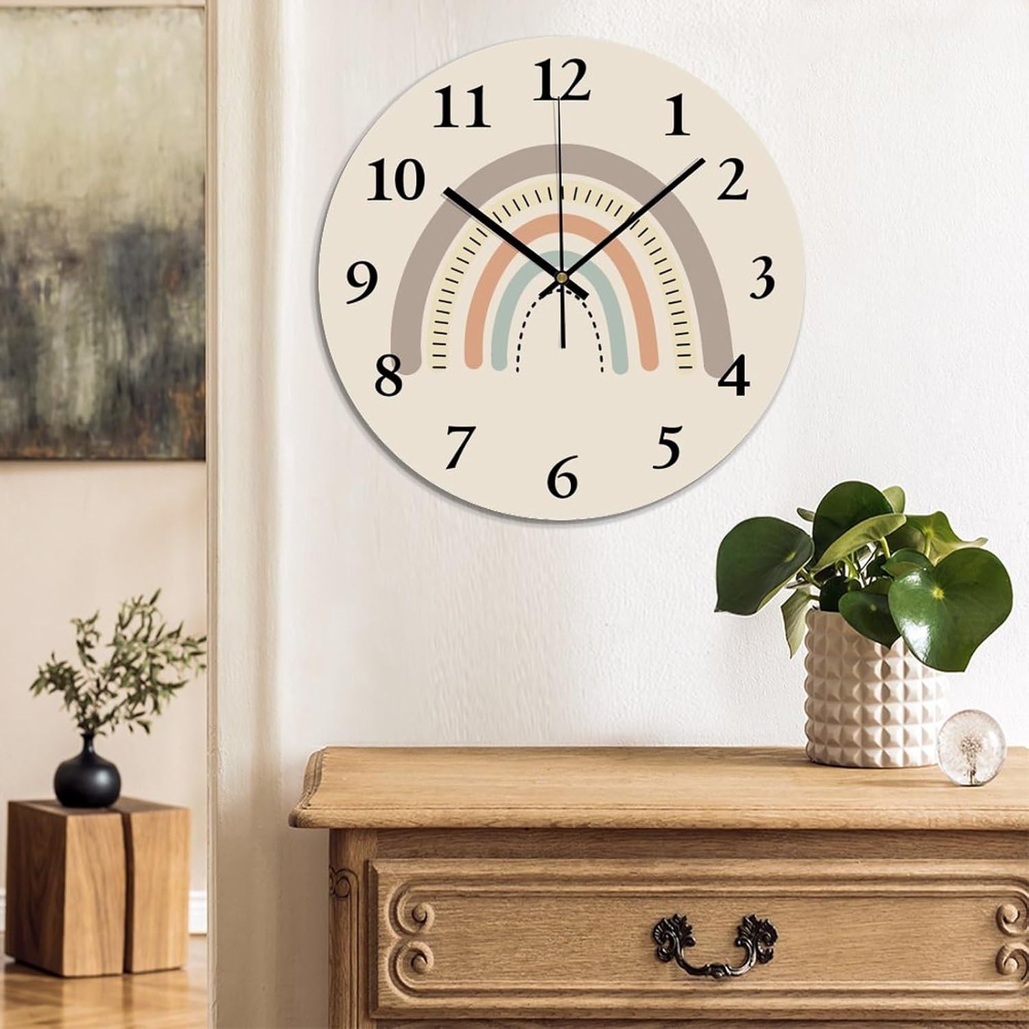Boho Rainbow Wall Clock 15x15 Inches Farmhouse Kitchen Decor Gifts Farmhouse Round PVC Clock Quality Quartz Non Ticking Vintage Wall Hanging PVC Clocks for Bathroom School Classroom
