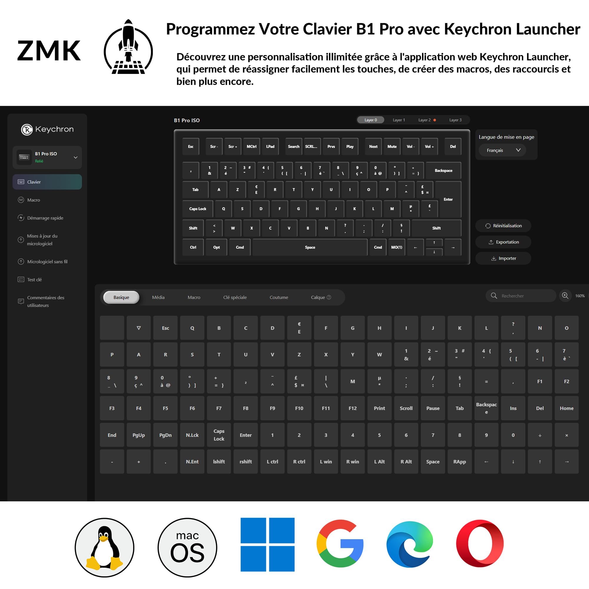 Keychron B1 Pro Clavier sans Fil, Clavier Français AZERTY Layout, 2.4 GHz/Bluetooth/Filaire, Custom Programmable, Extra-Fin, Compatible avec Mac et Windows - Gris Sidéral