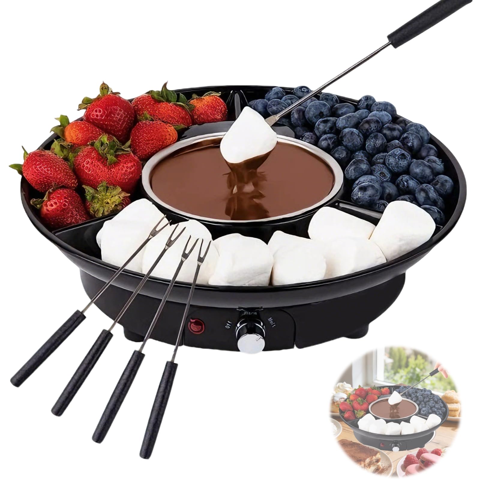 Appareil à Fondue au Chocolat électrique 25 W 280ML, Fondue Chocolat avec 2 Contrôle de Température : Faire Fondre et Maintenir au Chaud, 5 Fourchettes, pour Fêtes et Réunions de Famille