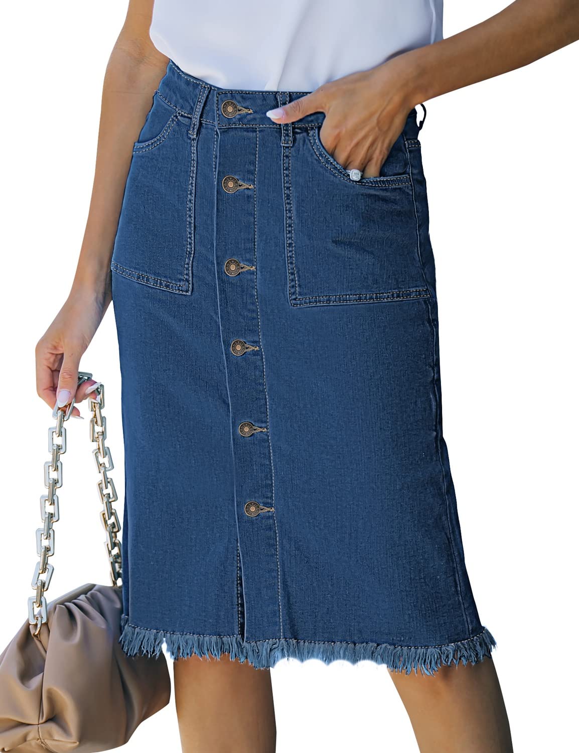 luvamiaWomen's Casual Mid Rise Button Down Frayed Raw Hem Denim Jean Midi Skirt