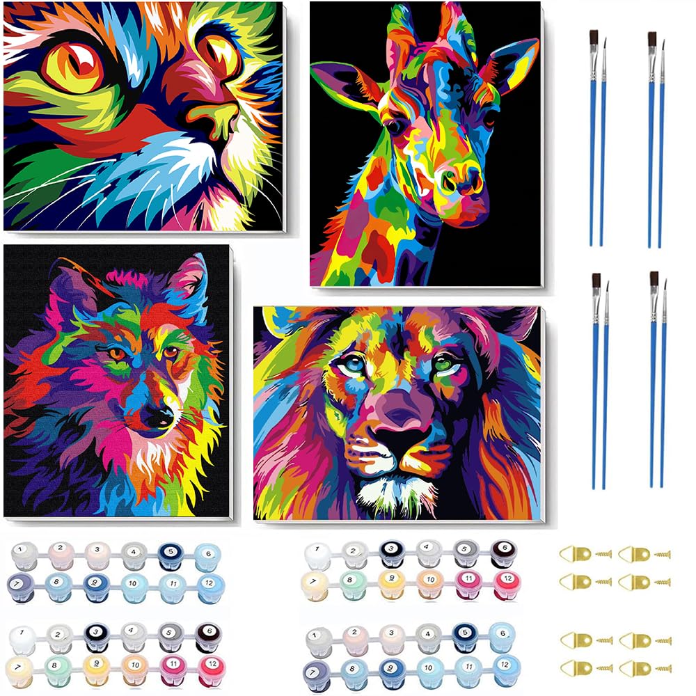 Jakener 22Paint By Number-3 4 Pack Paint By Numbers For Adults,Giraffe Lion Cat Wolf Painting By Numbers For Adults Canvas Kits,Animal Adult Paint By Numbers Kits With Frame,Diy Acrylic Oil Painting For Home Wall Decor 10X12 In