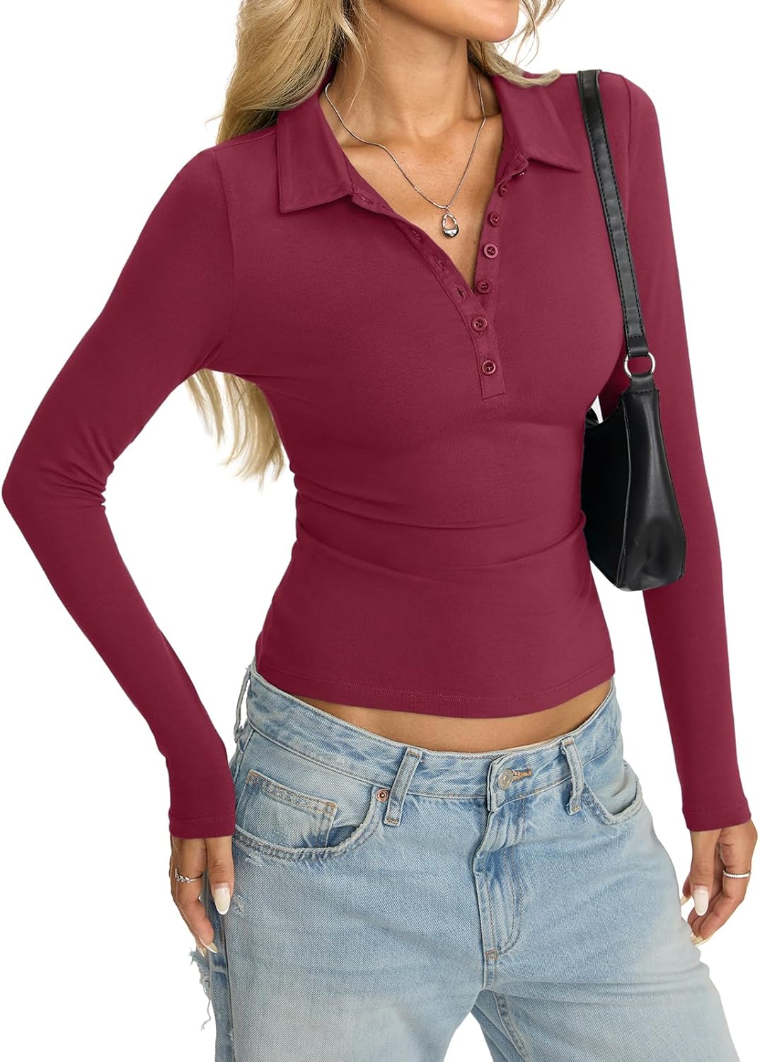 Womens Cotton Polo Collared Shirt Long Sleeve Sexy Deep V Neck Top Button Up Slim Fitted Tee Business Casual Outfit - Image 2