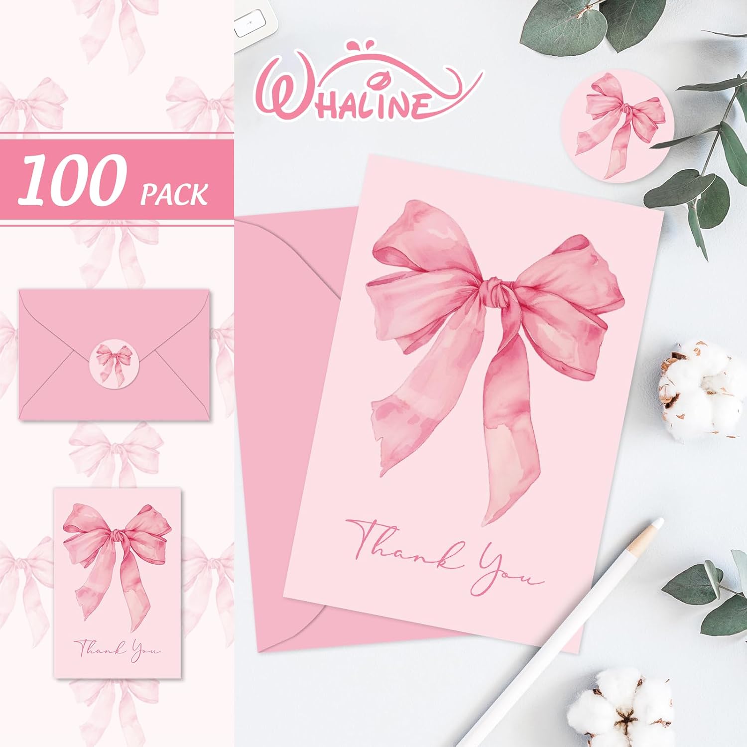 Whaline 100 Pack Pink Bow Thank You Cards Boxed Coquette Bowknot Greeting Card with Envelopes Stickers Blank Note Cards for Wedding Bridal Baby Shower Birthday, 4 x 6 Inch