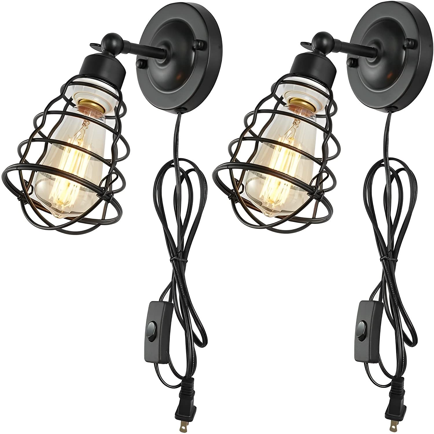 MESOVFCA Set of 2 Vintage Industrial Wall Sconce Lamp with Plug in Cord, Black Cage Wall Light Fixture with on Off Switch, Wall Lamp with Plug in Cord for Bedroom Farmhouse Hallway