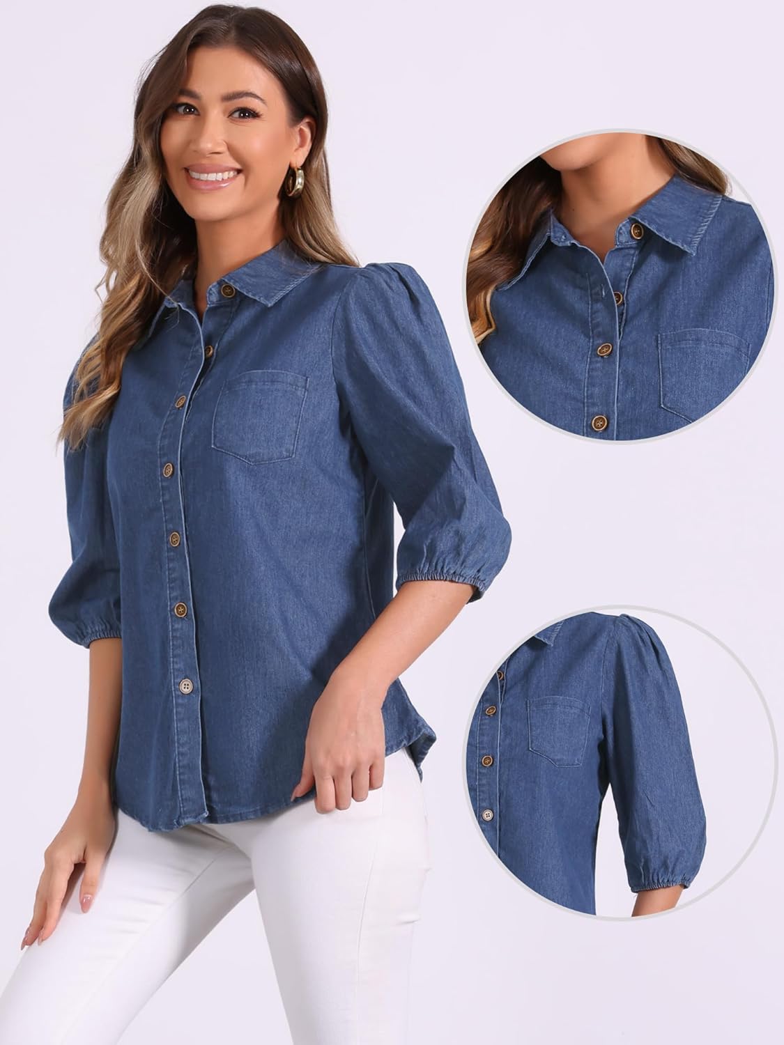 Allegra K Denim Shirt for Women's 3/4 Puff Sleeve Collar Button Down Jean Shirts - Image 2