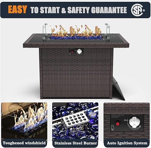 Miniatura 4 de KHOLH Mesa de fogata de gas propano de 44 pulgadas para patio exterior, 60000 BTU rectangular de mimbre al aire libre con protector de viento de