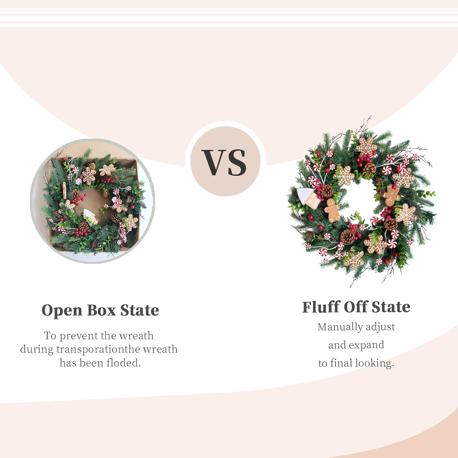 Bibelot クリスマスウィンターリース 玄関ドア用 24インチ クリスマスリース キャンディー付き 松ぼっくり ジンジャーブレッ