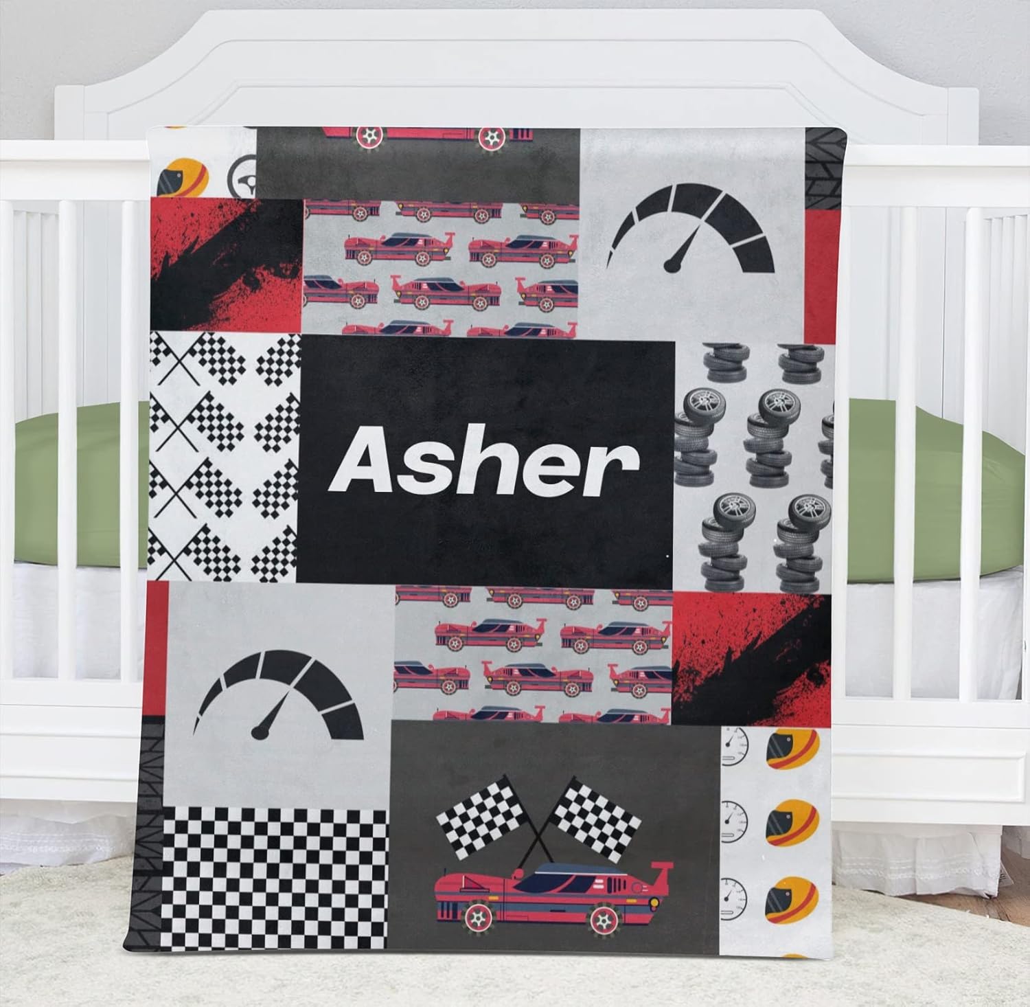Race Car Quit Personalized Receiving Sherpa Fleece Baby Blankets for Girls Boys Kids, Swaddle Blankets Gift for Newborn Crib Infants 30x40 Inches