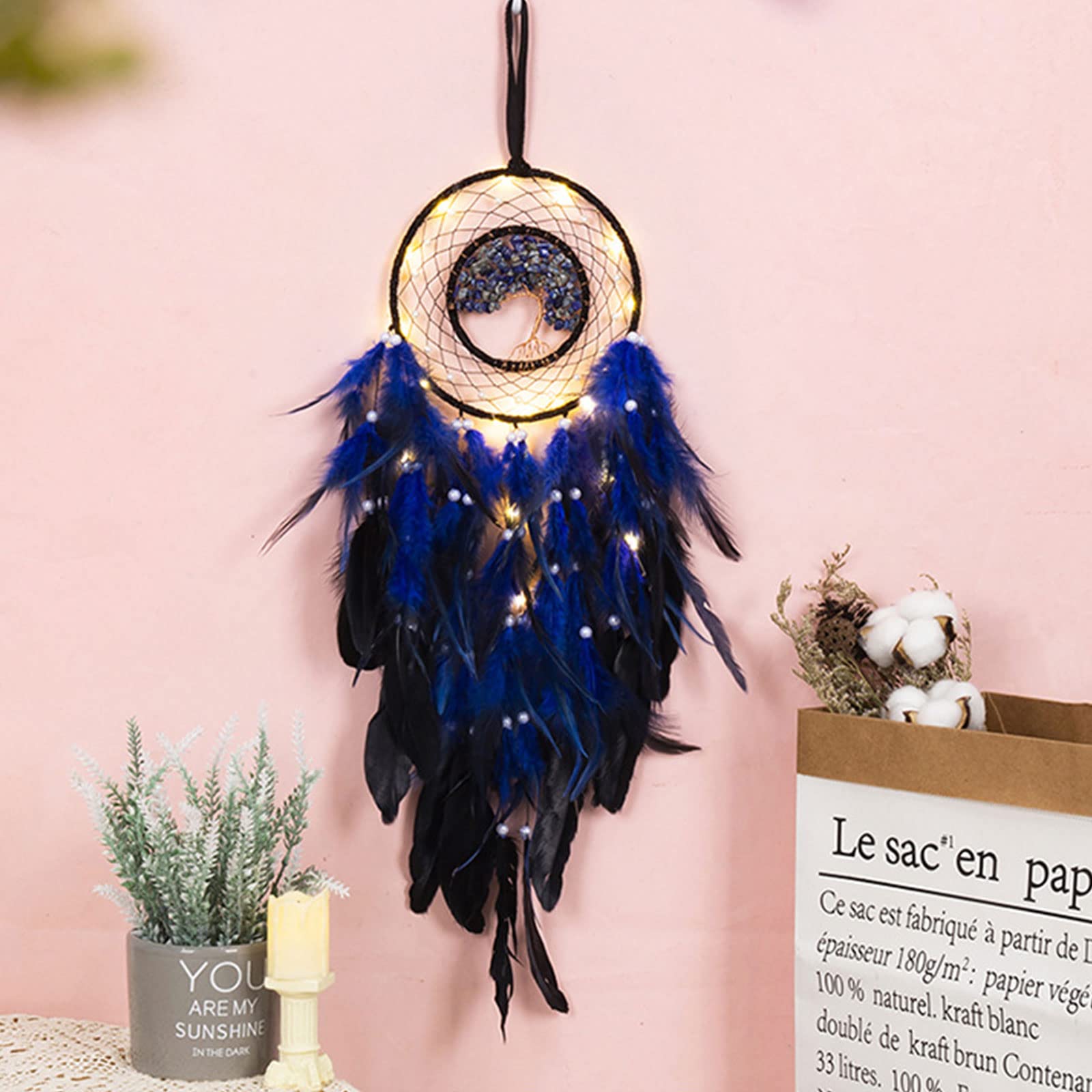 DEDEMCO Blue Tree Of Life Dream Catcher - 23.5 Inch Handmade With LED Lights, Crystals & Feathers For Wall Decor