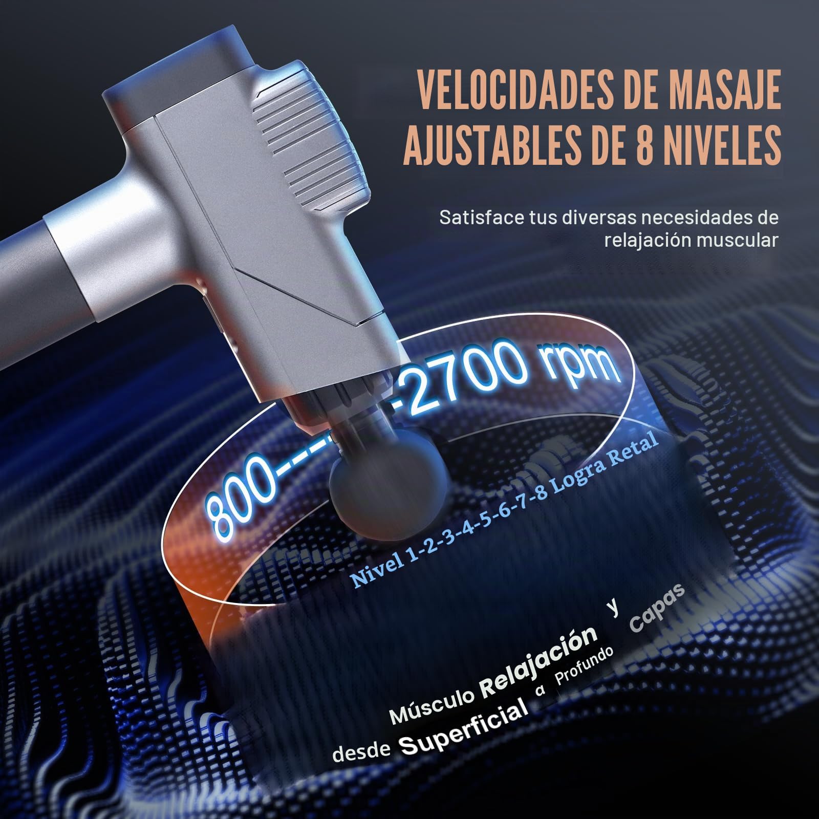VEVOR Pistola de Masaje de Tejido Profundo, Masajeador Muscular de Percusión para Atletas, 8 Niveles de Velocidad y 6 Cabezales, 2500 mAh, para Aliviar el Dolor Relajación Muscular, 250 x 170 x 60 mm