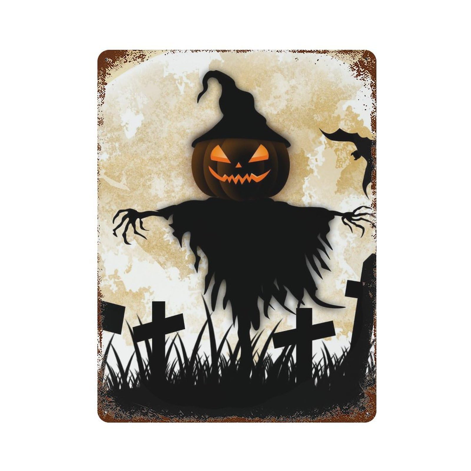 Halloween Scarecrow Moon Wallpaper 15.7"x11.8" Rust Effect Tin Sign, Industrial Home Decor for Living Room, Hallway And Home Decor