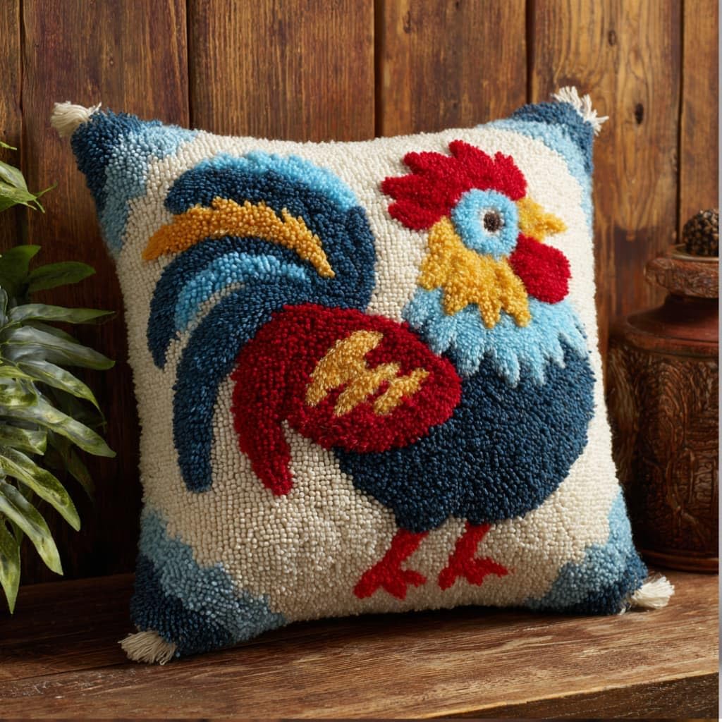 WallustrioaW DIY Latch Hook Pillow Kit,Rooster 17X17 Inch Pillowcase Kits Embroidery Kits DIY Needlework Pillow Cover Sofa Cushion Rug Making