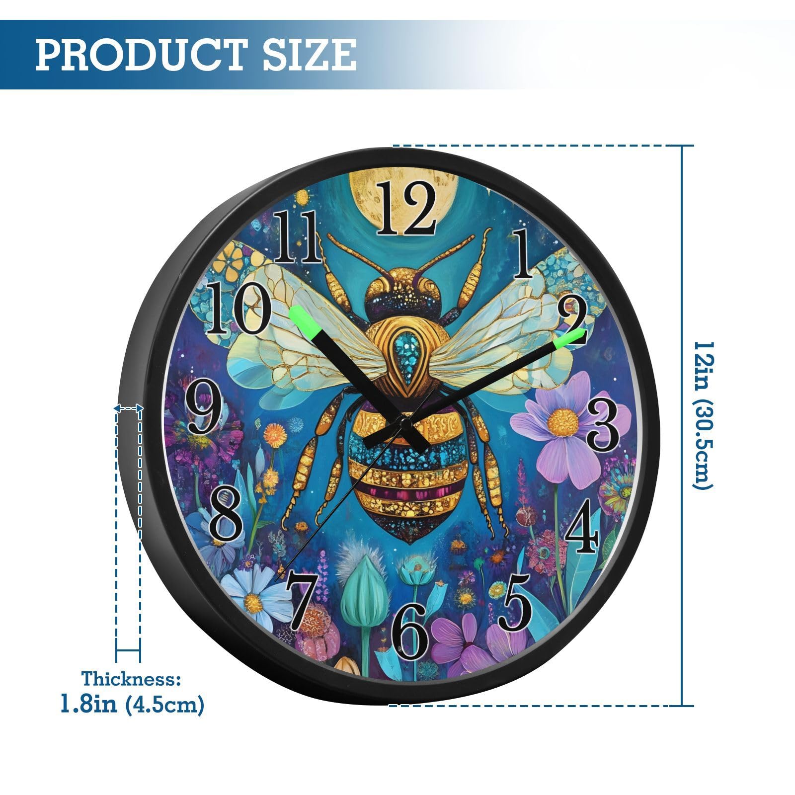Mnsruu Reloj de pared luminoso con diseño de abeja y luna y flores, funciona con pilas, silencioso, brilla en la oscuridad, para sala de estar, cocina, 12 pulgadas