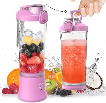 DENOKIN Portable Blender, Shakes and Smoothies Cordless Personal Size Blender 20oz with 6 Blade and a Travel Lid Purpleish Pink