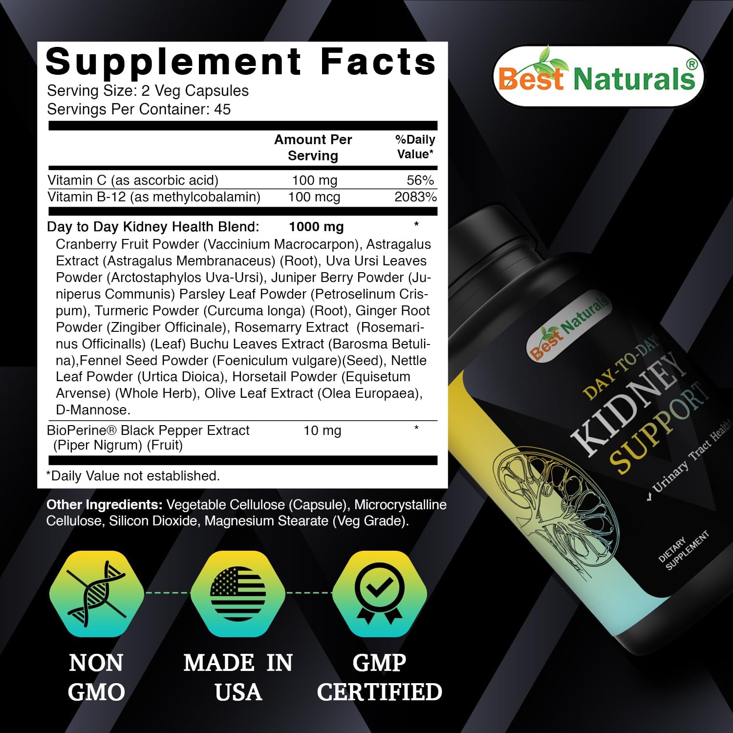 Best Naturals Day-to-Day Kidney Support with Cranberry Fruit, Vitamin C, B12, D-Mannose, Uva Ursi, Juniper Berry, Parsley Leaf 90 Veg Capsules - Image 2