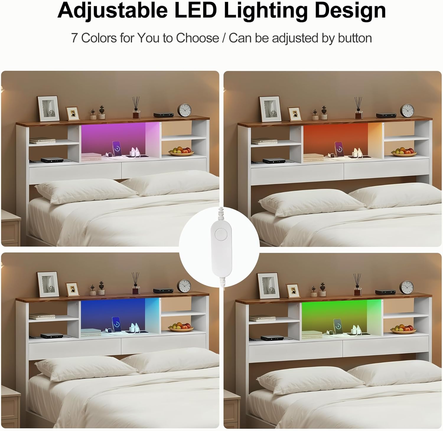 Queen Size Headboard with Storage, Wood Head Board with Led Lights Charging Station Farmhouse Bookcase Headboards Only for Bedroom, Antique White