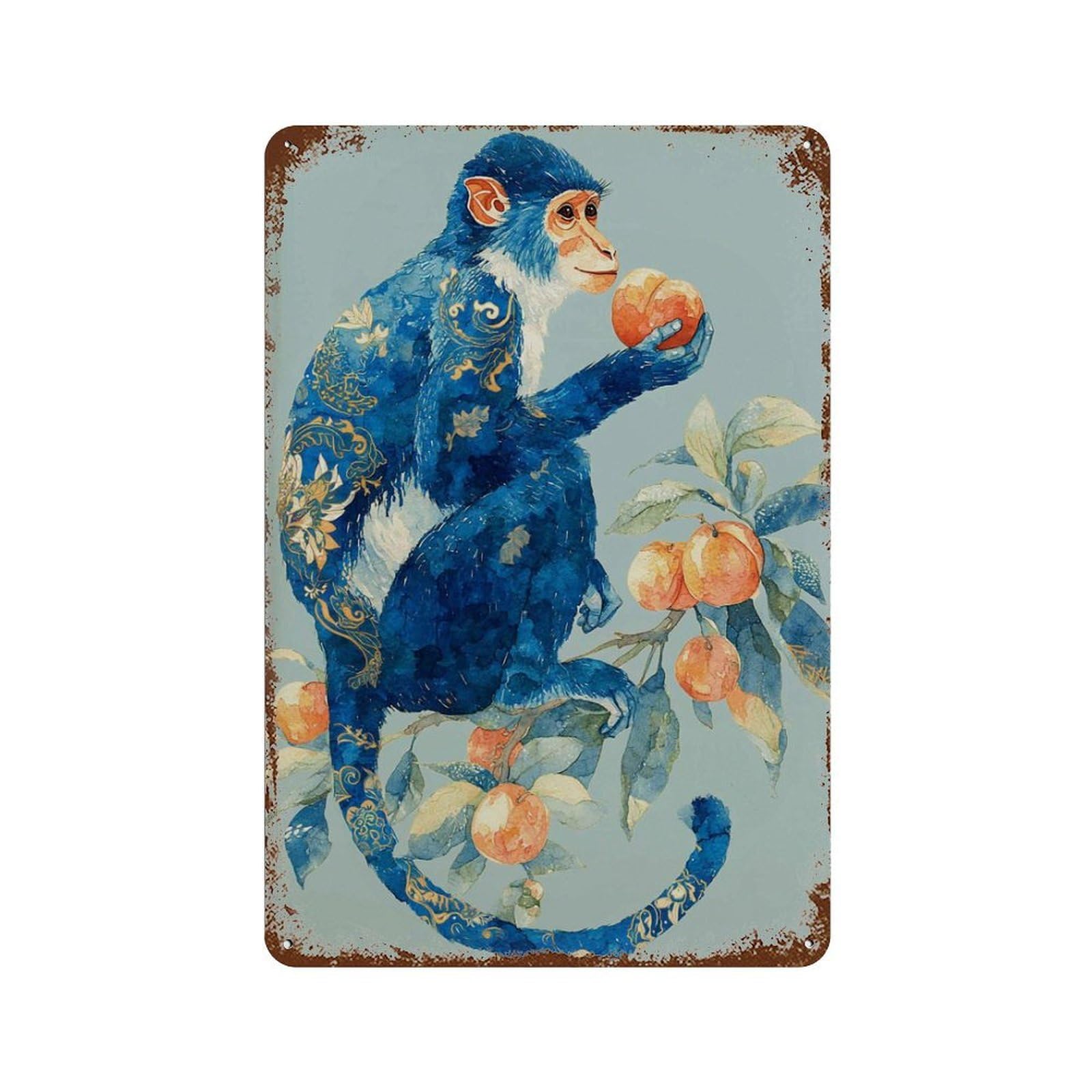 xiaoxiaoshen Blue Monkey – Decorative Jungle Animal Peach Tree Whimsical Botanical Wall Decor Art Metal Tin Poster Modern Home Decor Art Home Bar Shop Decorations Vintage Sign 30x20cm