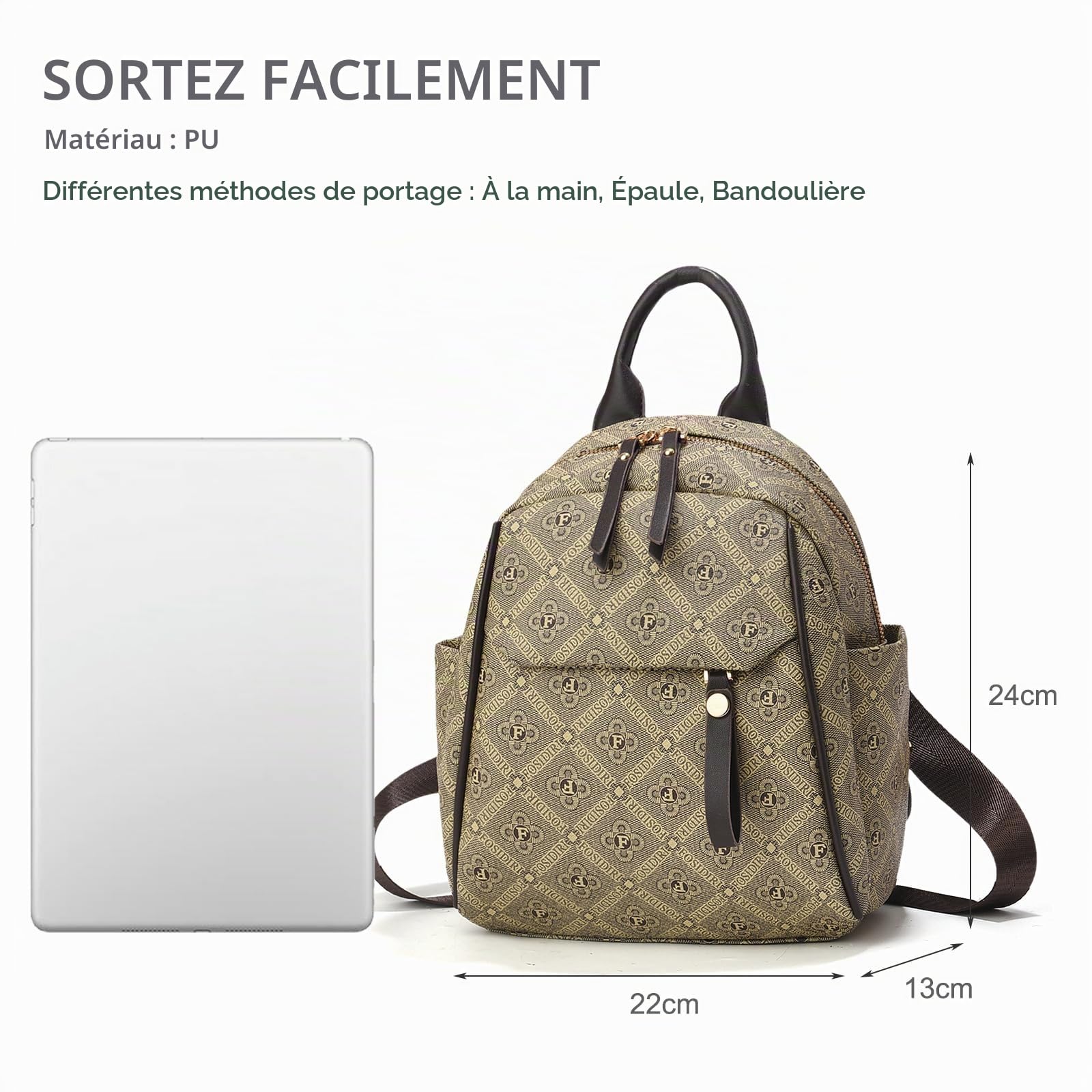 NICOLE & DORIS Petit Sac à Dos Femme Léger Mini Sac a Main a Dos PU Cuir Daypack Sac a Dos Etanche Feminin pour Travail Shopping Voyage Kaki Motif