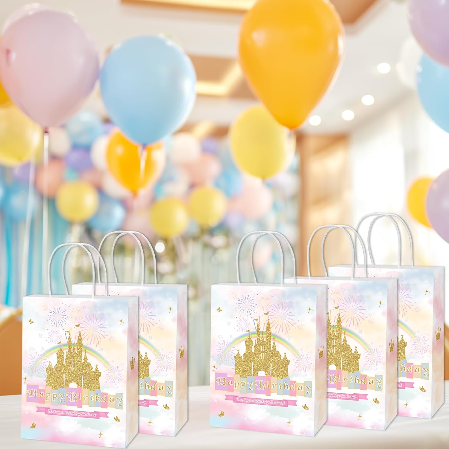 Lecheme Princess Birthday Gift Bags 24 Pcs Rainbow Castle Crown Treat Bags with Handles Candy Goodie Bag Decorations for Girl Princess Birthday Party Supplies - Image 3