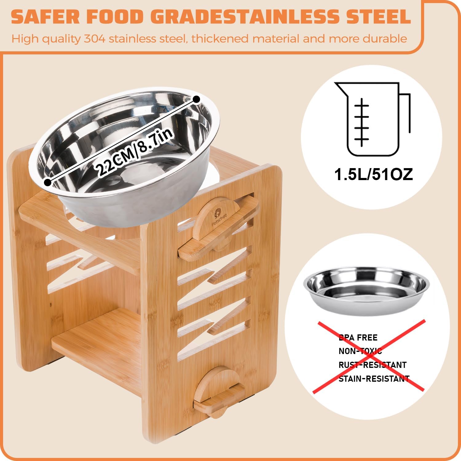 Adjustable Elevated Dog Bowl 4.7″-11.8″, with Food Grade 304 Stainless Steel 51 OZ, 9 Heights Bamboo Dogs Bowl Stand for Medium and Large Dogs, 2 Pack