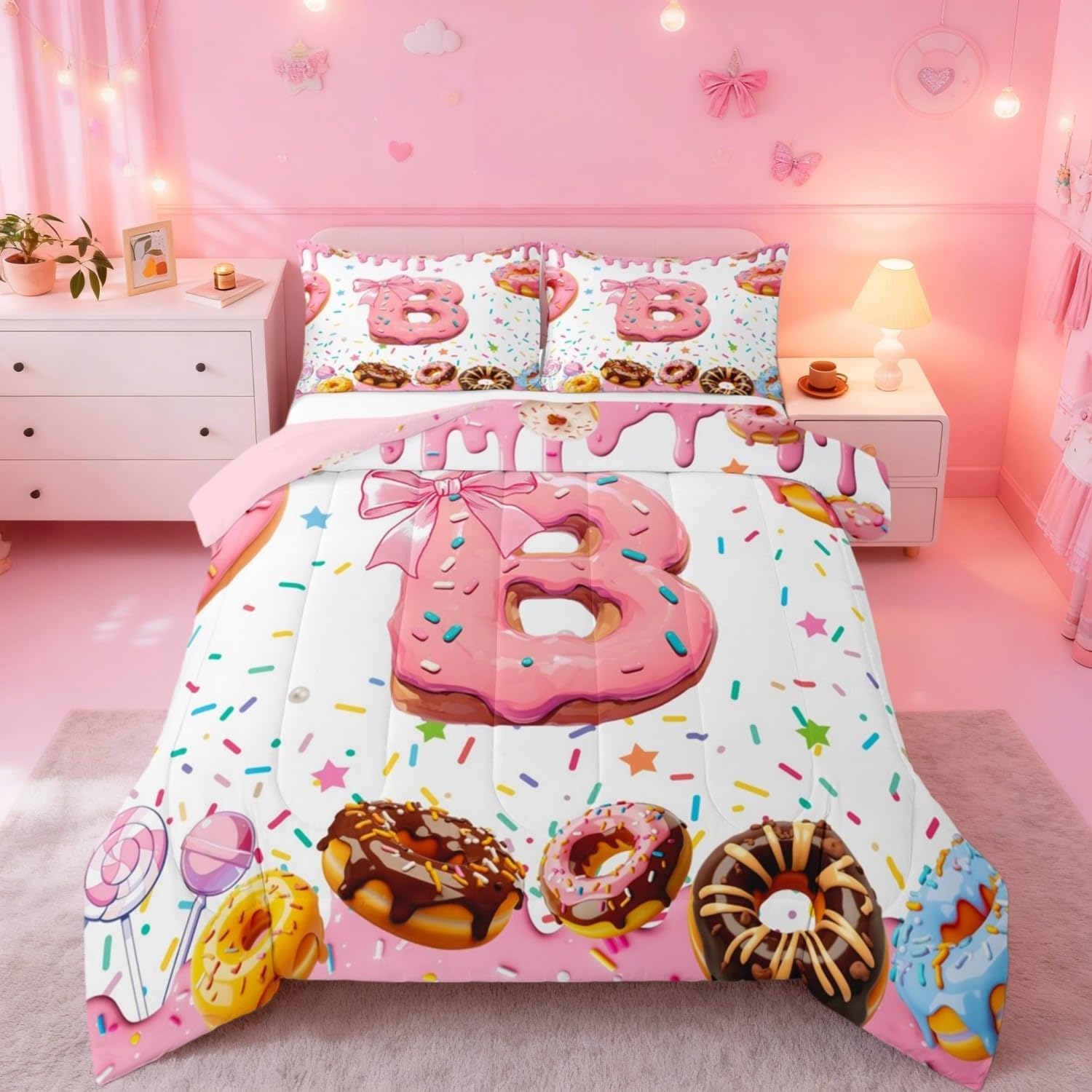 Erosebridal Initial Letter B Comforter Set Twin Size for Women Teen Girls Preppy Pink Alphabet B Kids Bedding, Cute Donut Sweet Desert Comforter Princess Dreamy Bowknot Bed Set Bedroom Decor