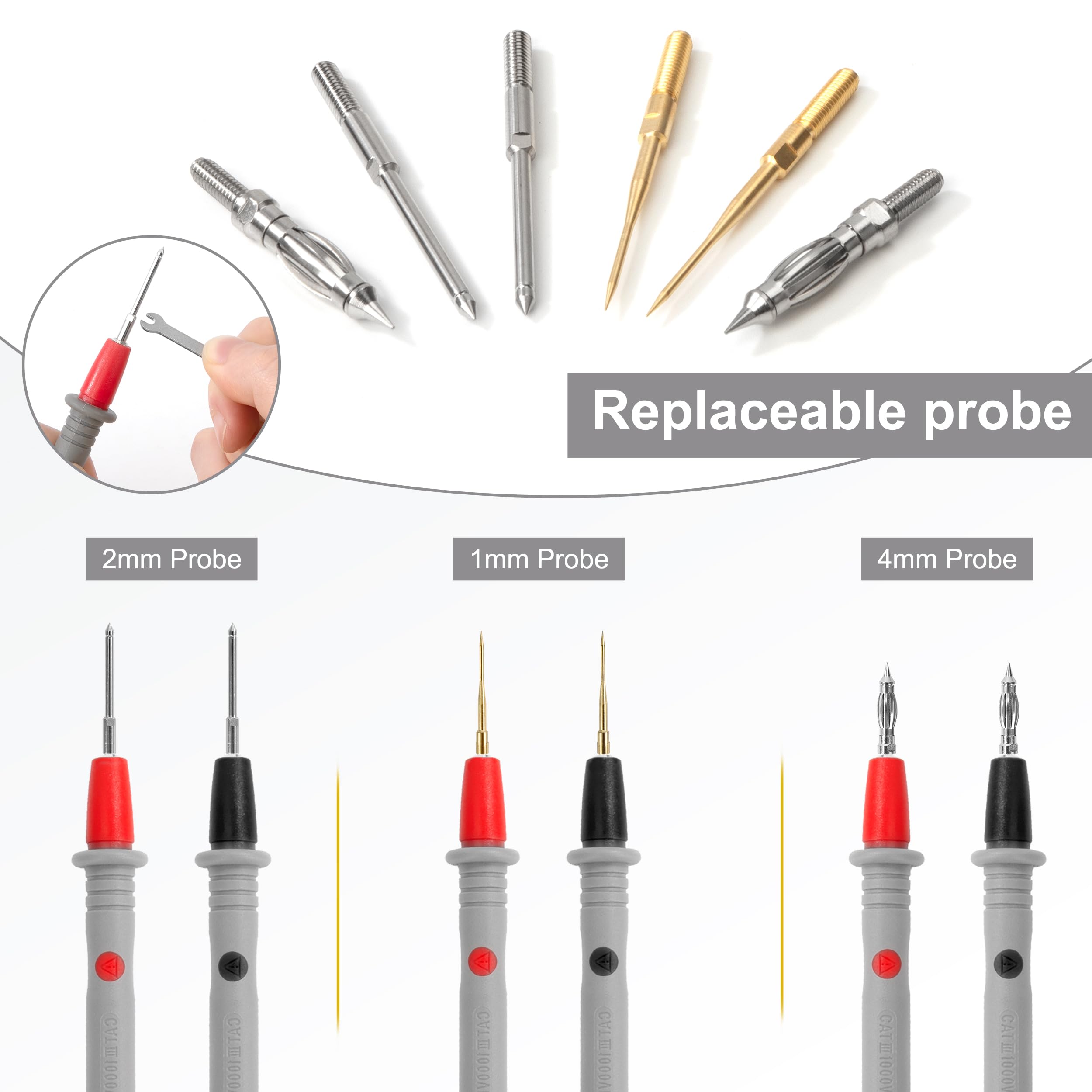 QIMEI-SHOP Puntali Tester Multimetro Kit con Clip Coccodrillo Gancio di Prova Sonda di Prova Sostituibile 0.7/1/2/4 mm per Elettricista Multimetro Digitale 19 Pezzi