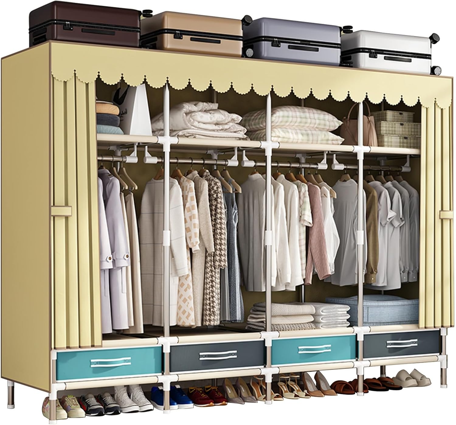 大容量ワードローブクローゼット 幅100・150・200cm、簡易ポータブル組立クローゼット、家の寝室 バルコニー 賃貸住宅 衣料品