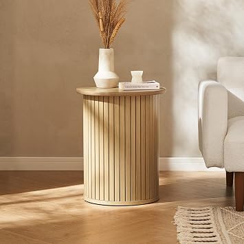 mopio Quin Pedestal Side Table, Tambour Round Fluted End Table, Small Accent Tables for Living Room, Mid Century Modern Night Stand, Circle Bedside Tables, Wood Nightstands for Bedroom Light Oak