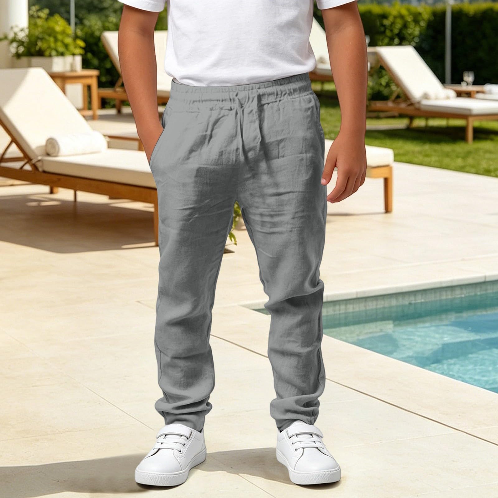 Pantalones de Muselina para Niños con Cintura Elástica, Pantalones de Algodón y Lino Casuales Sueltos de Color Liso para Niño, Pantalón de Verano Infantil, Ligero, Cómodo, Transpirable, con Bolsillos