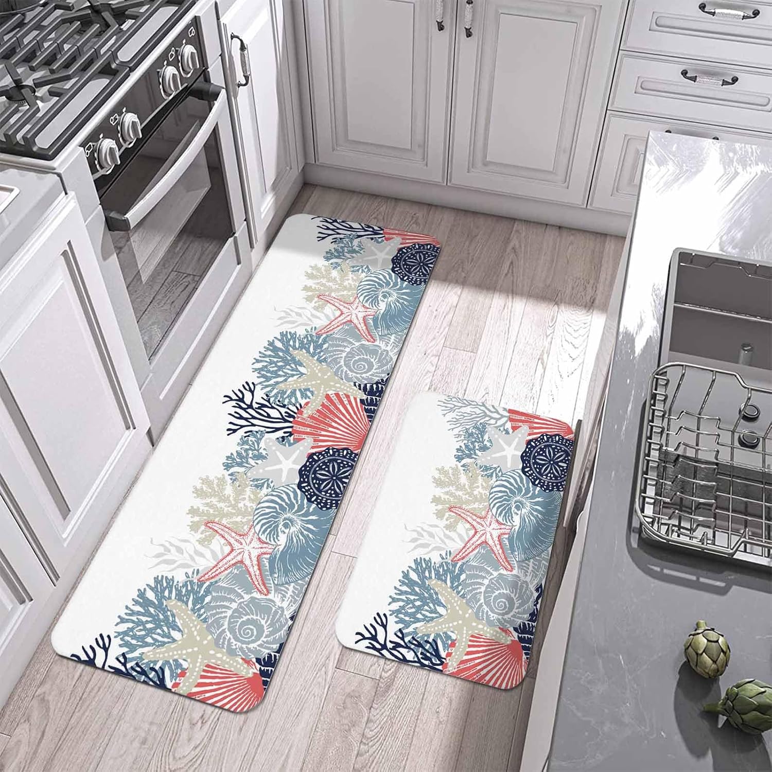 Summer Marine Life Kitchen Mats Set of 2 Ocean Coral Coastal Starfish Blue Conch Non Slip Mat Washable Floor Rug for Kitchen Sink Floor Laundry, 19.7"x31.5"+19.7"x47.2"