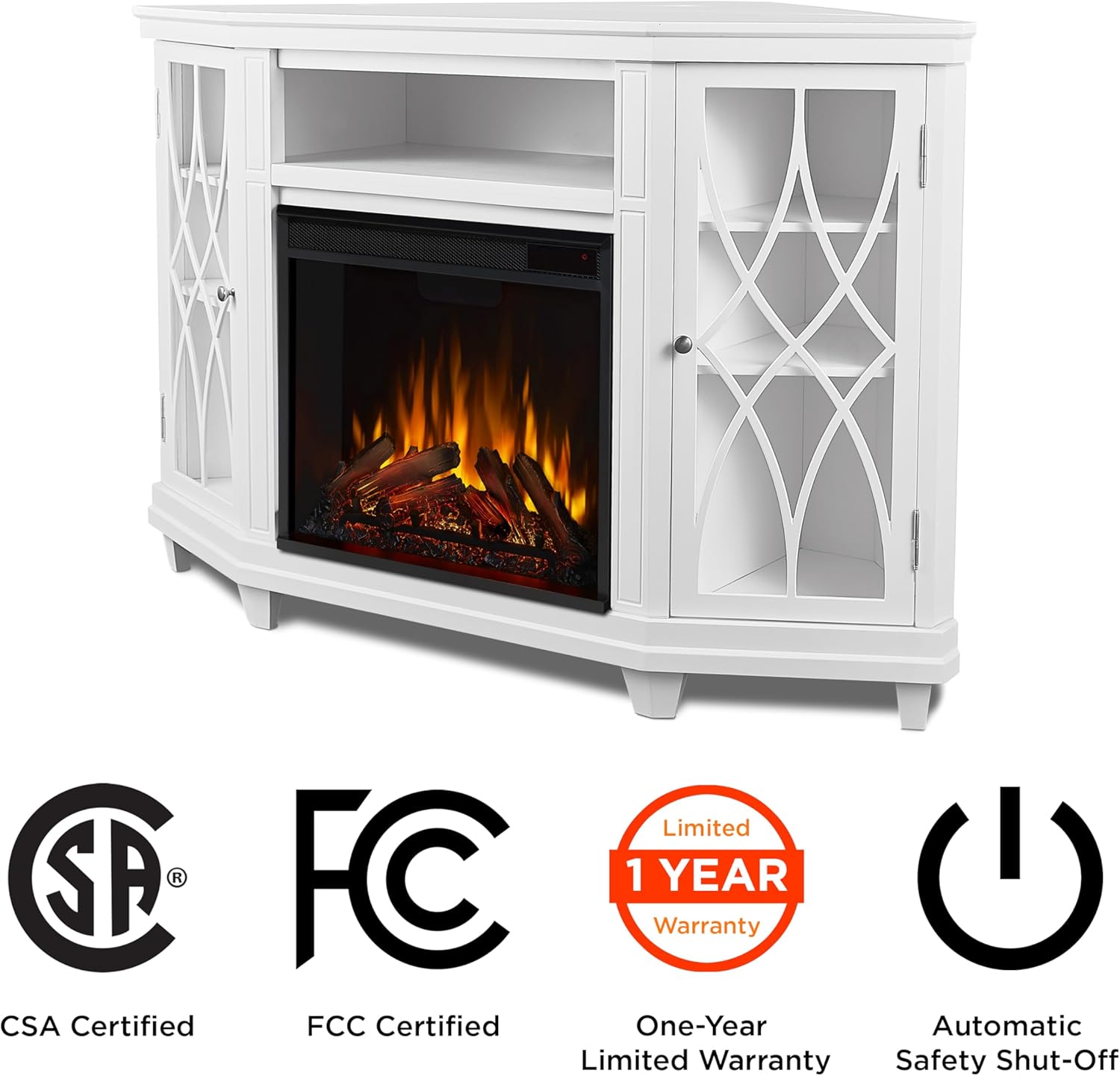 Real Flame Lynette 56" Corner Electric Fireplace TV Stand or TVs up to 55 inches, Entertainment Center with Electric Fireplace, Living Room TV Stand with Fireplace, White
