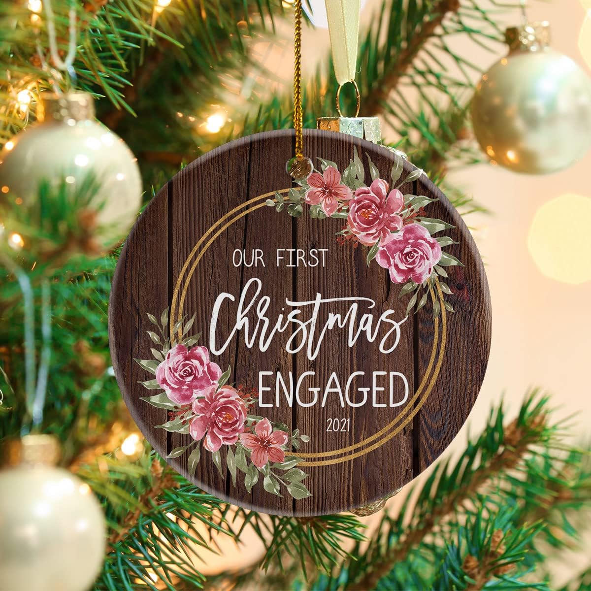 Our First Christmas Engaged 2022, Personalized Name Ceramic Ornament, Custom Photo Ornament, Wedding Decoration, Xmas Tree Ornaments Hanging, Custom Gift for Couple Married Newlyweds, Couple