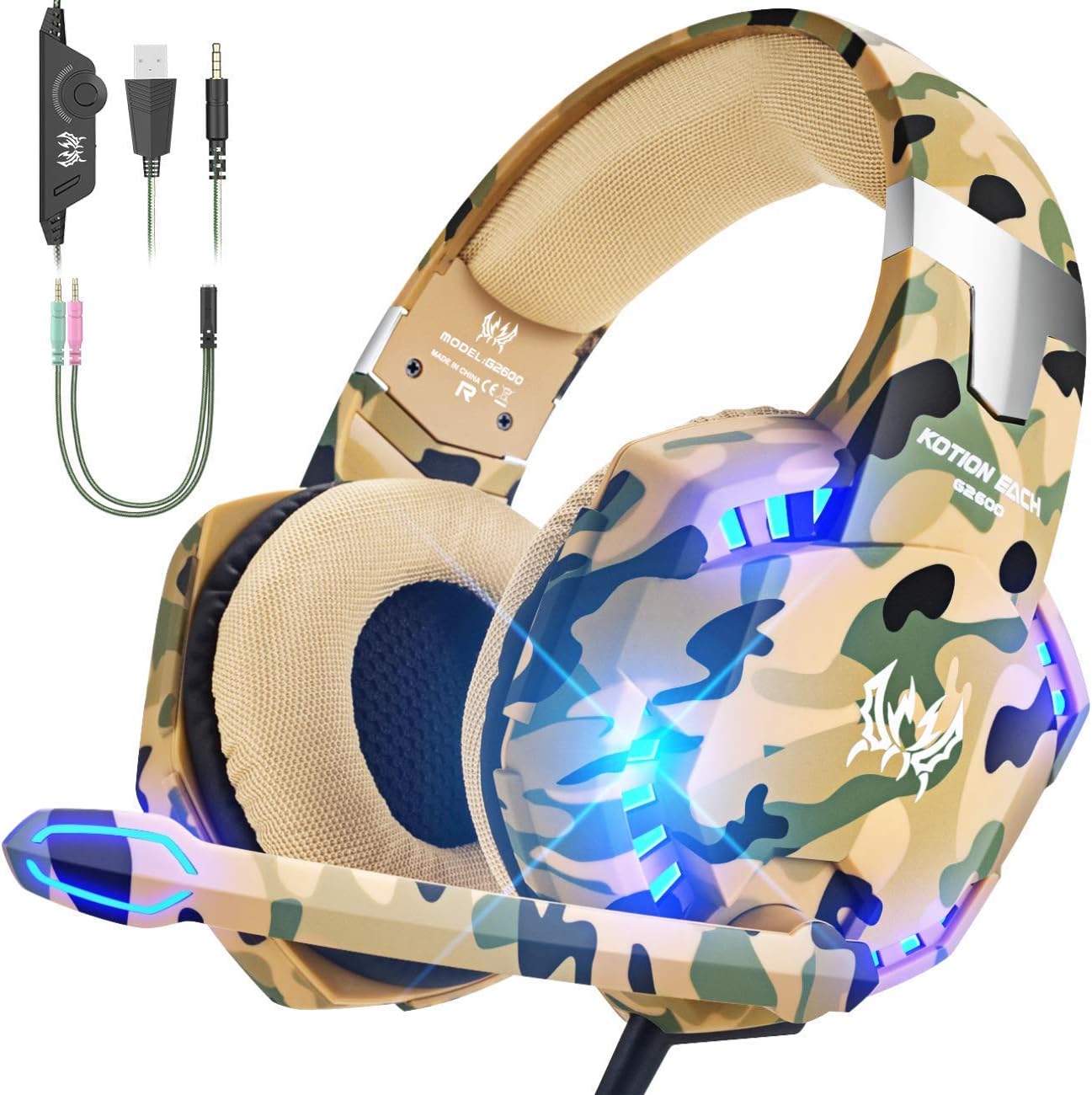 VersionTECH. Gaming headset for PS4 PS5 Xbox One 1 S PC Headphones with Microphone,USB LED Light Noise Cancellation Mic,Over Ear Compatible with Nintendo Switch Playstation 4 Gamer Mac (Yellow Camo)
